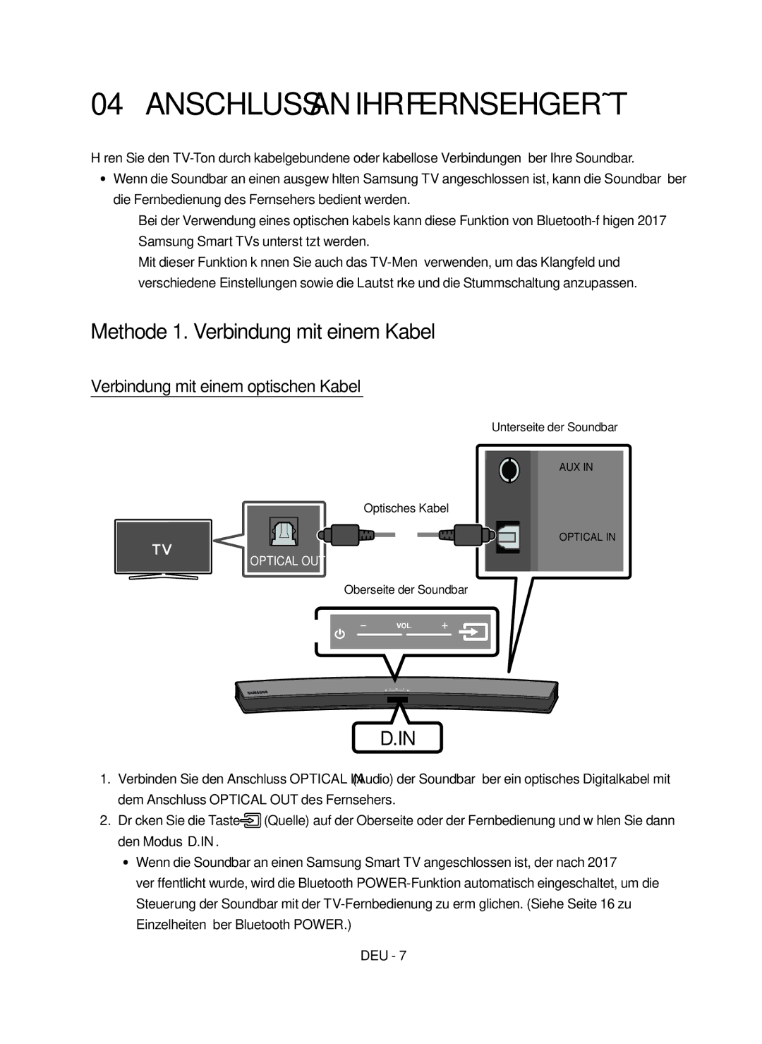 Samsung HW-M4500/EN manual Anschluss an ihr Fernsehgerät, Methode 1. Verbindung mit einem Kabel 