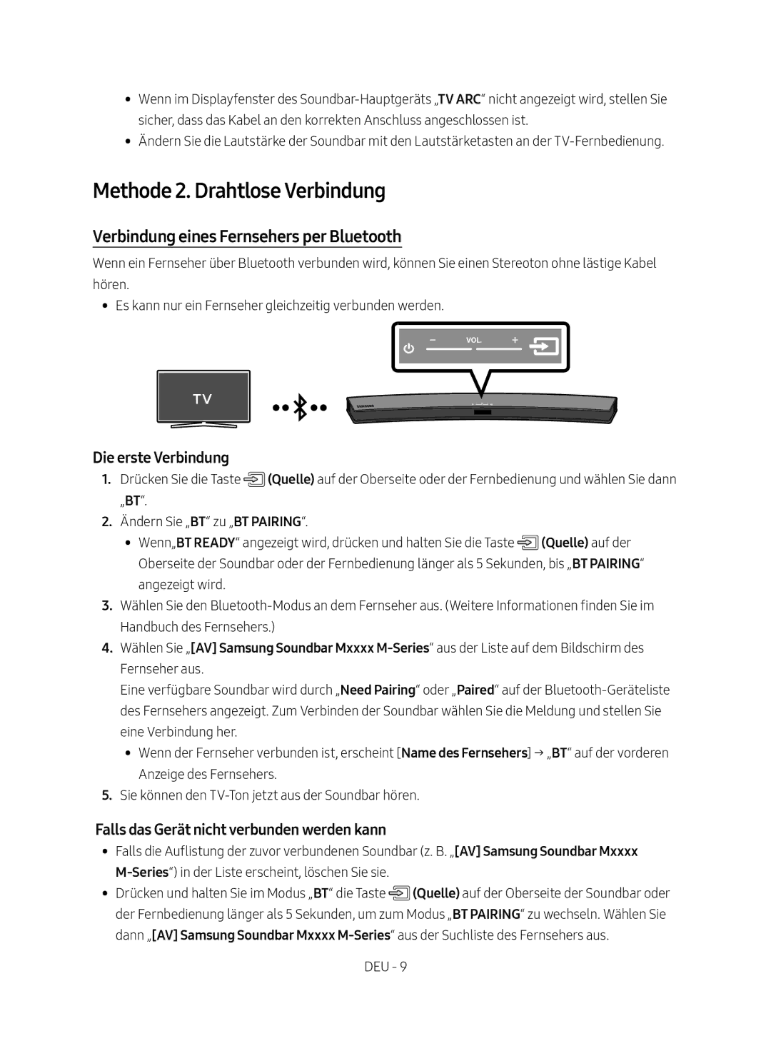 Samsung HW-M4500/EN manual Methode 2. Drahtlose Verbindung, Verbindung eines Fernsehers per Bluetooth, Die erste Verbindung 