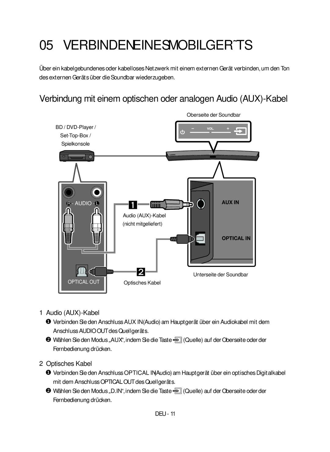 Samsung HW-M4500/EN manual Verbinden eines Mobilgeräts, Optisches Kabel, Audio AUX-Kabel Nicht mitgeliefert 