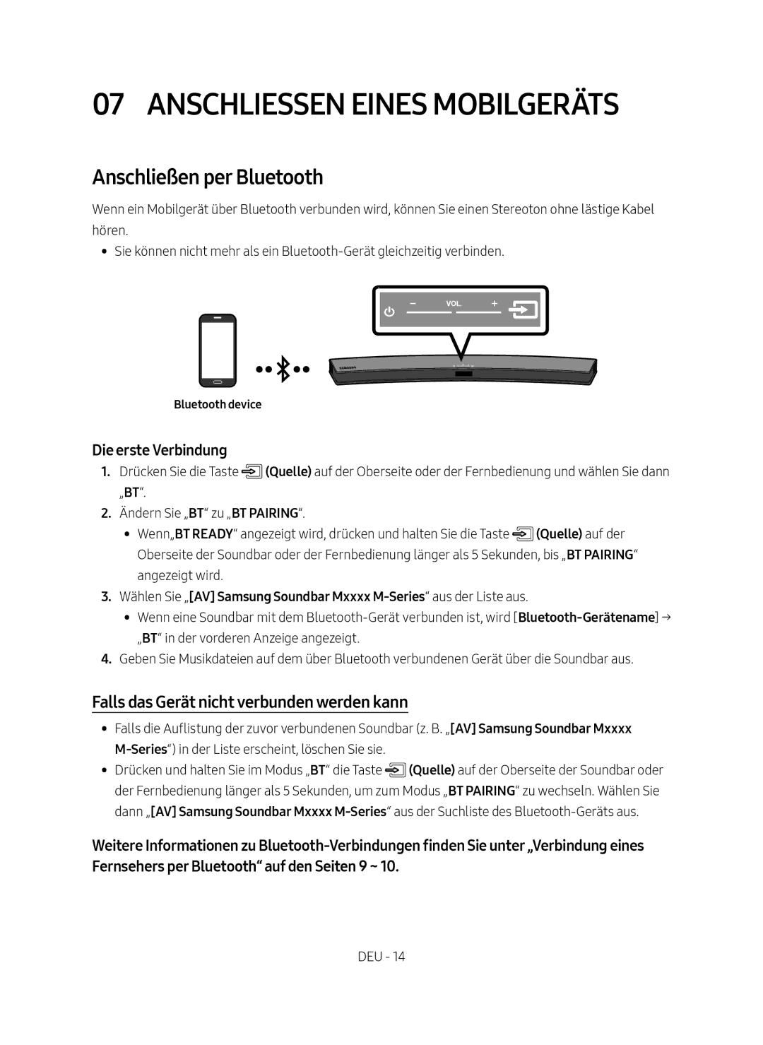 Samsung HW-M4500/EN Anschliessen eines Mobilgeräts, Anschließen per Bluetooth, Falls das Gerät nicht verbunden werden kann 