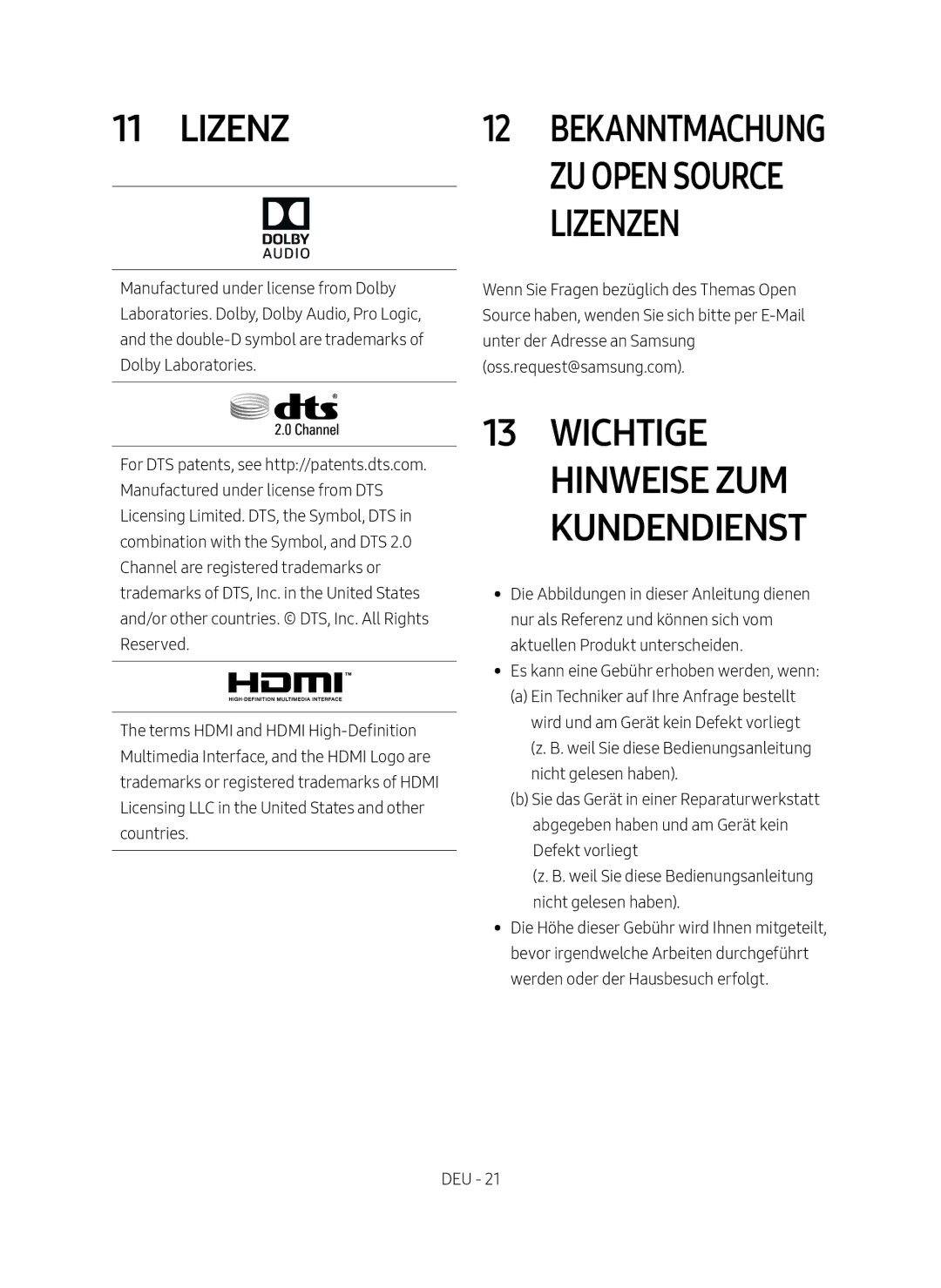 Samsung HW-M4500/EN manual Lizenzen, Wichtige Hinweise zum Kundendienst 