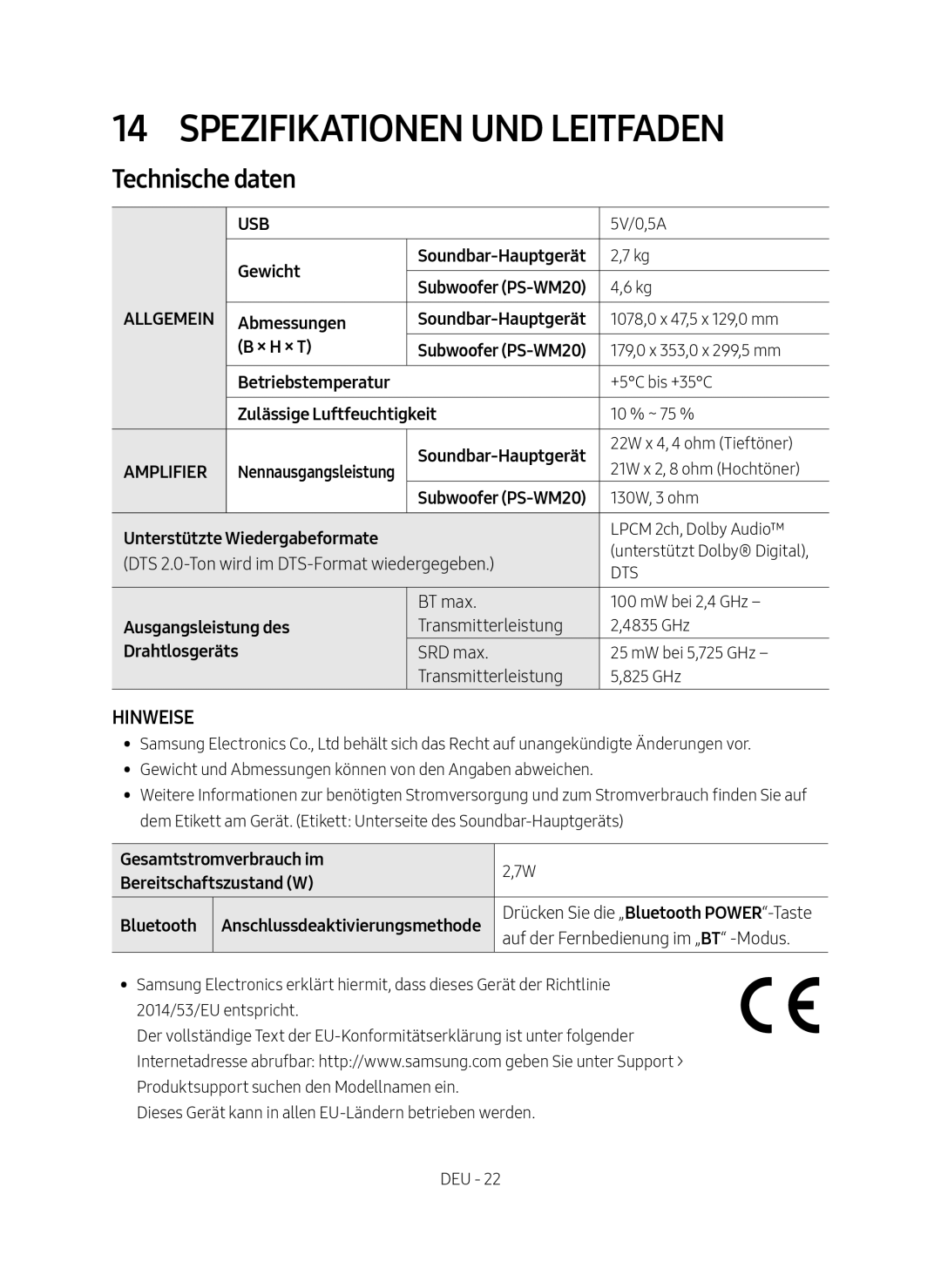 Samsung HW-M4500/EN manual Spezifikationen und Leitfaden, Technische daten 