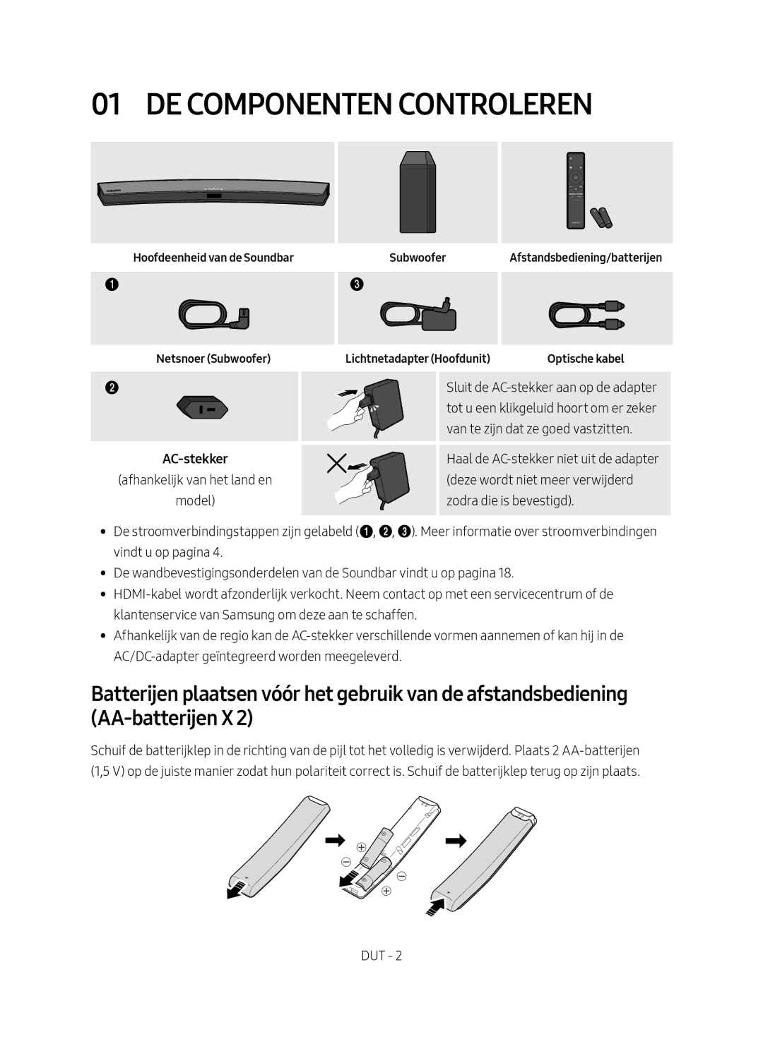 Samsung HW-M4500/EN manual De Componenten Controleren, Hoofdeenheid van de Soundbar Subwoofer, AC-stekker 