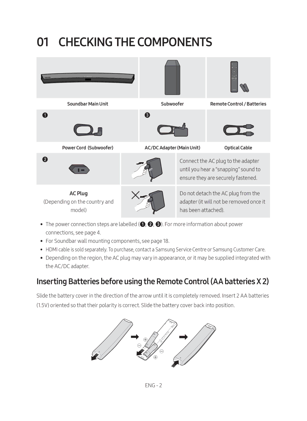 Samsung HW-M4500/EN manual Checking the Components, Soundbar Main Unit Power Cord Subwoofer, AC/DC Adapter Main Unit 