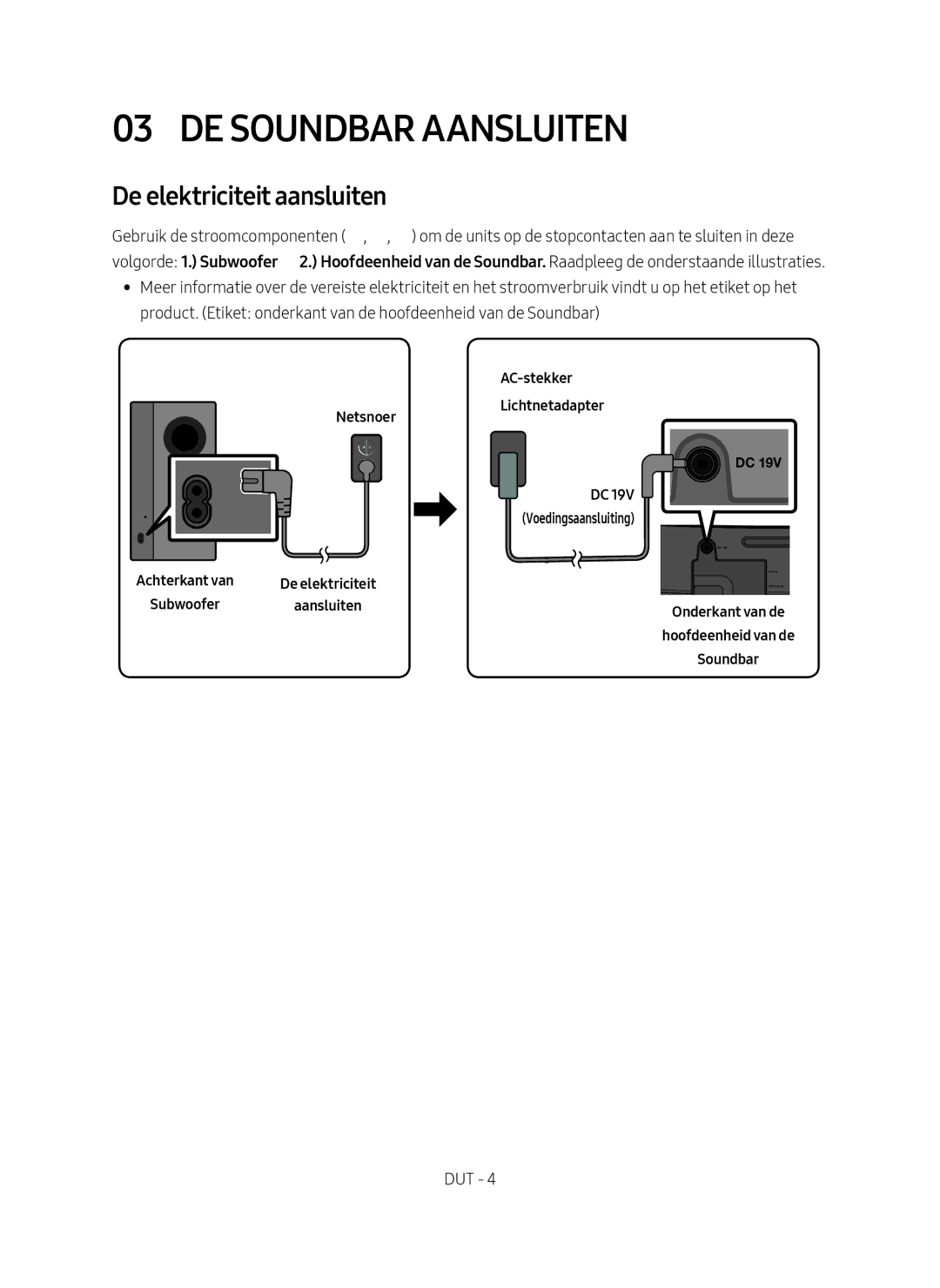 Samsung HW-M4500/EN manual De Soundbar Aansluiten, De elektriciteit aansluiten, 1Netsnoer Lichtnetadapter 