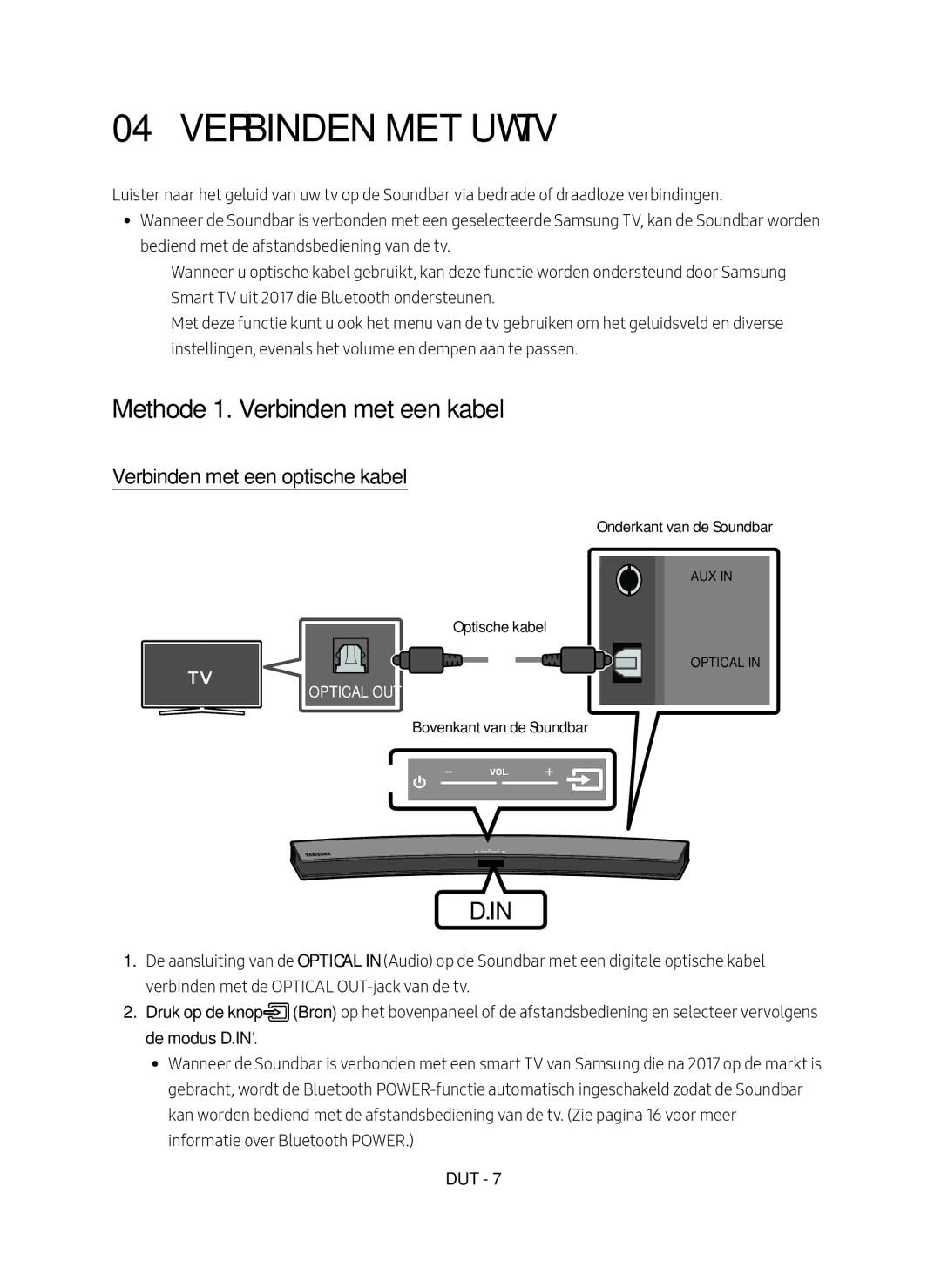 Samsung HW-M4500/EN manual Verbinden met uw TV, Methode 1. Verbinden met een kabel, Verbinden met een optische kabel 