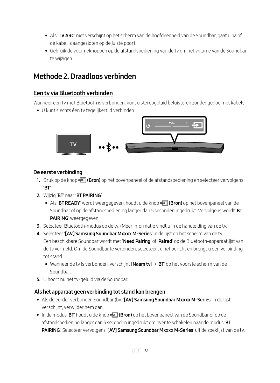 Samsung HW-M4500/EN manual Methode 2. Draadloos verbinden, Een tv via Bluetooth verbinden, De eerste verbinding 