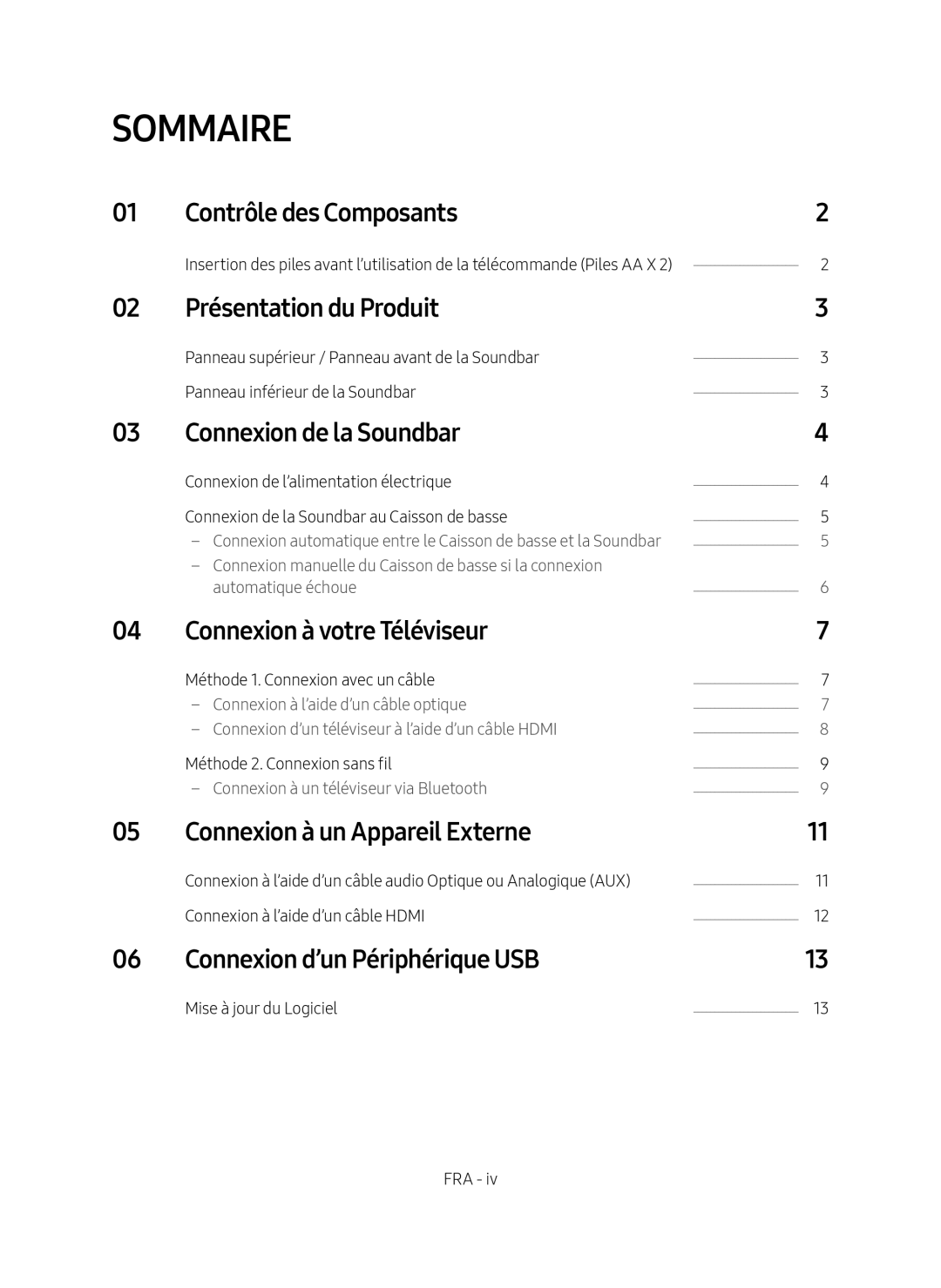 Samsung HW-M4500/EN manual Contrôle des Composants, Présentation du Produit, Connexion de la Soundbar 