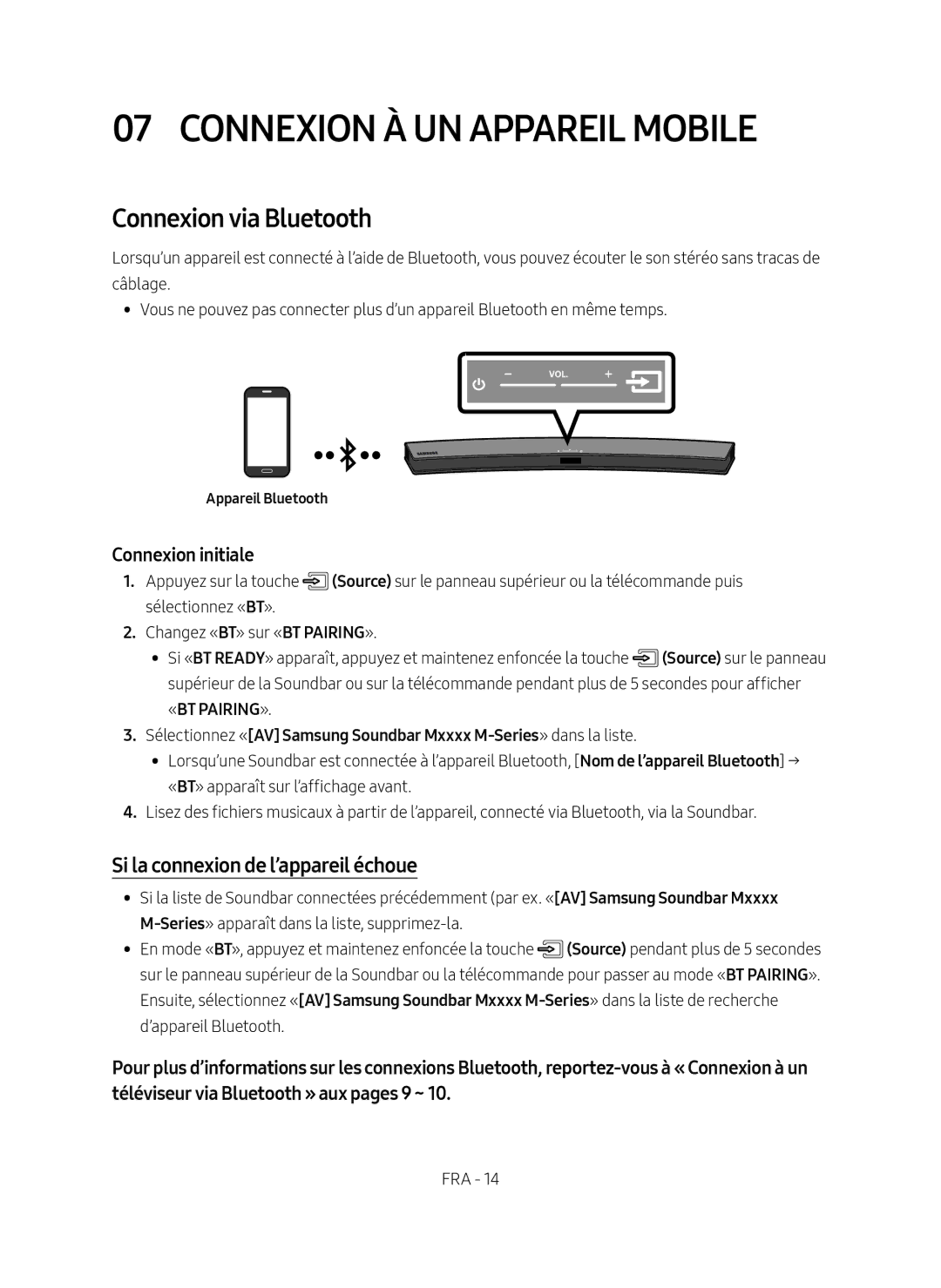 Samsung HW-M4500/EN manual Connexion à un Appareil Mobile, Connexion via Bluetooth, Si la connexion de l’appareil échoue 