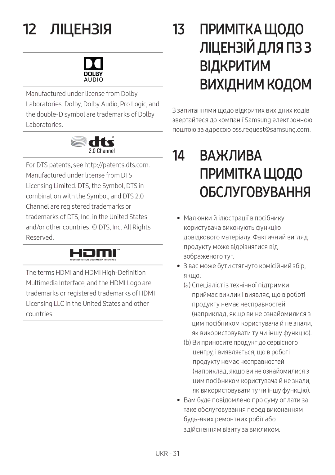 Samsung HW-M4501/RU, HW-M4500/RU manual 12 Ліцензія, 13 Примітка Щодо Ліцензій ДЛЯ ПЗ З Відкритим Вихідним Кодом 