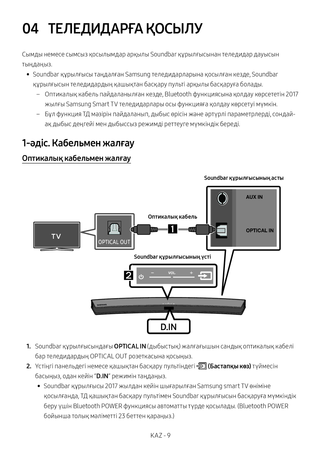 Samsung HW-M4501/RU 04 Теледидарға Қосылу, Әдіс. Кабельмен жалғау, Оптикалық кабельмен жалғау, Soundbar құрылғысының үсті 