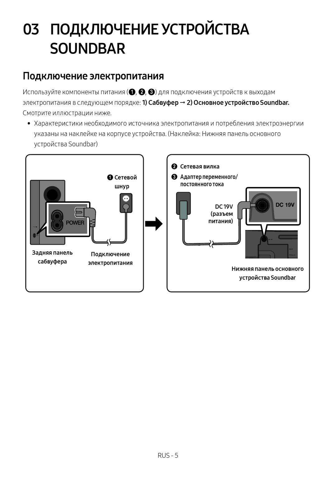 Samsung HW-M4501/RU, HW-M4500/RU manual 03 Подключение Устройства Soundbar, Подключение электропитания 