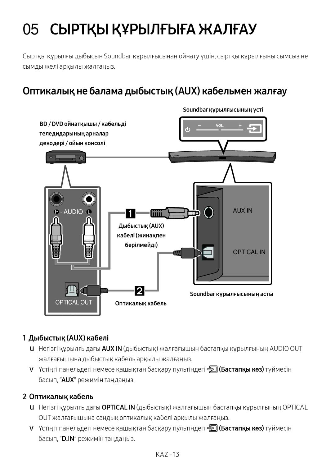 Samsung HW-M4501/RU 05 Сыртқы Құрылғыға Жалғау, Оптикалық не балама дыбыстық AUX кабельмен жалғау, Дыбыстық AUX кабелі 