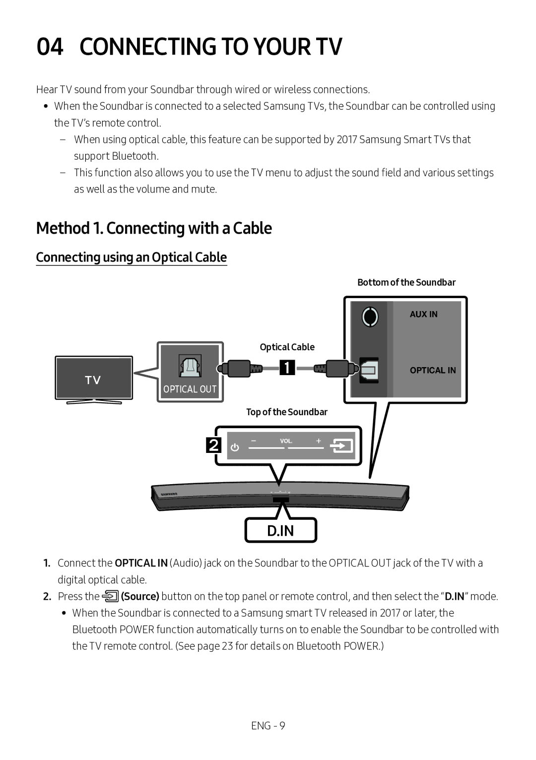 Samsung HW-M4500/XV manual Connecting to Your TV, Method 1. Connecting with a Cable, Connecting using an Optical Cable 