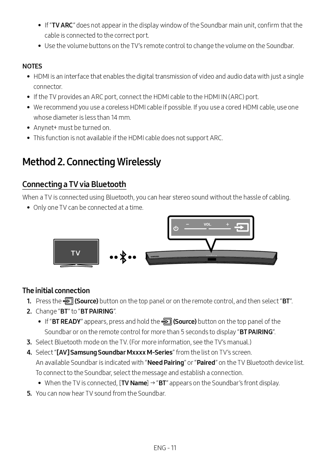 Samsung HW-M4500/XV manual Method 2. Connecting Wirelessly, Connecting a TV via Bluetooth, Initial connection 