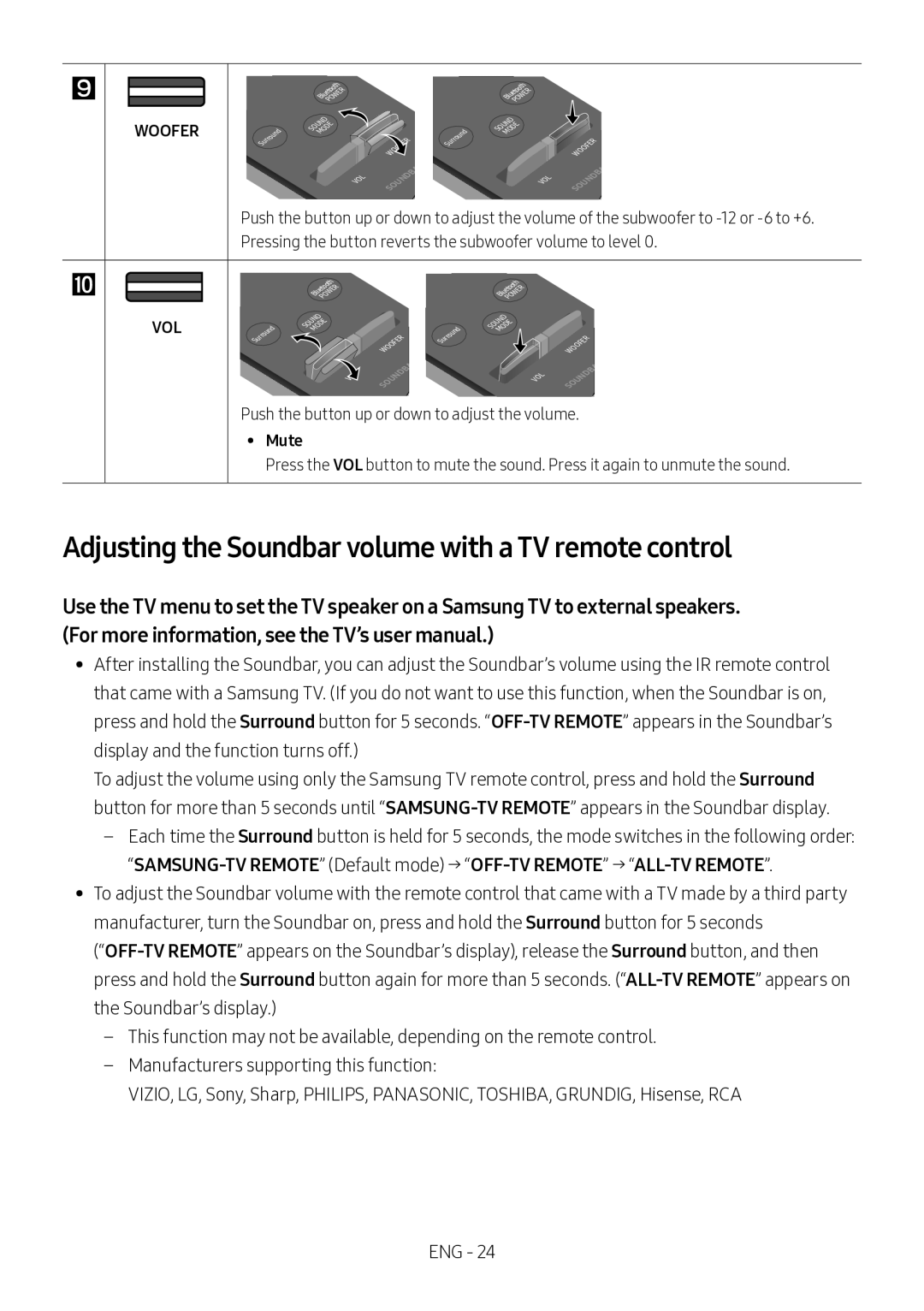 Samsung HW-M4500/XV manual Adjusting the Soundbar volume with a TV remote control, Mute 