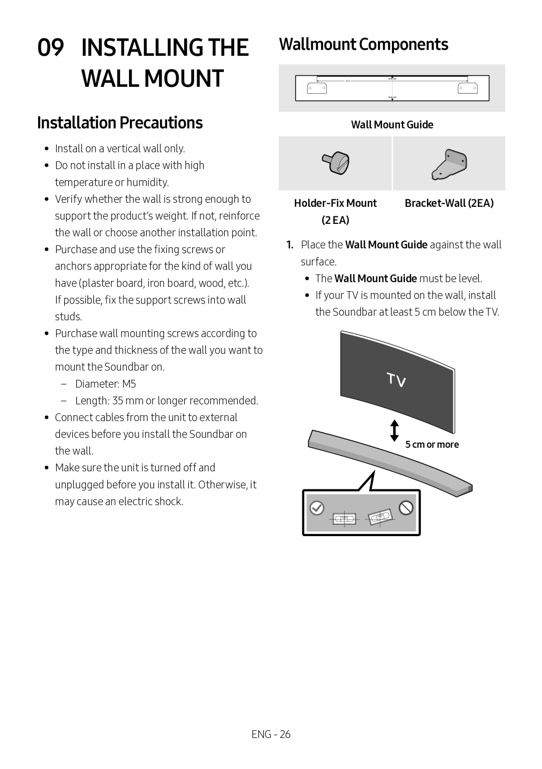 Samsung HW-M4500/XV Wallmount Components, Installation Precautions, Wall Mount Guide, Holder-Fix Mount Bracket-Wall 2EA 