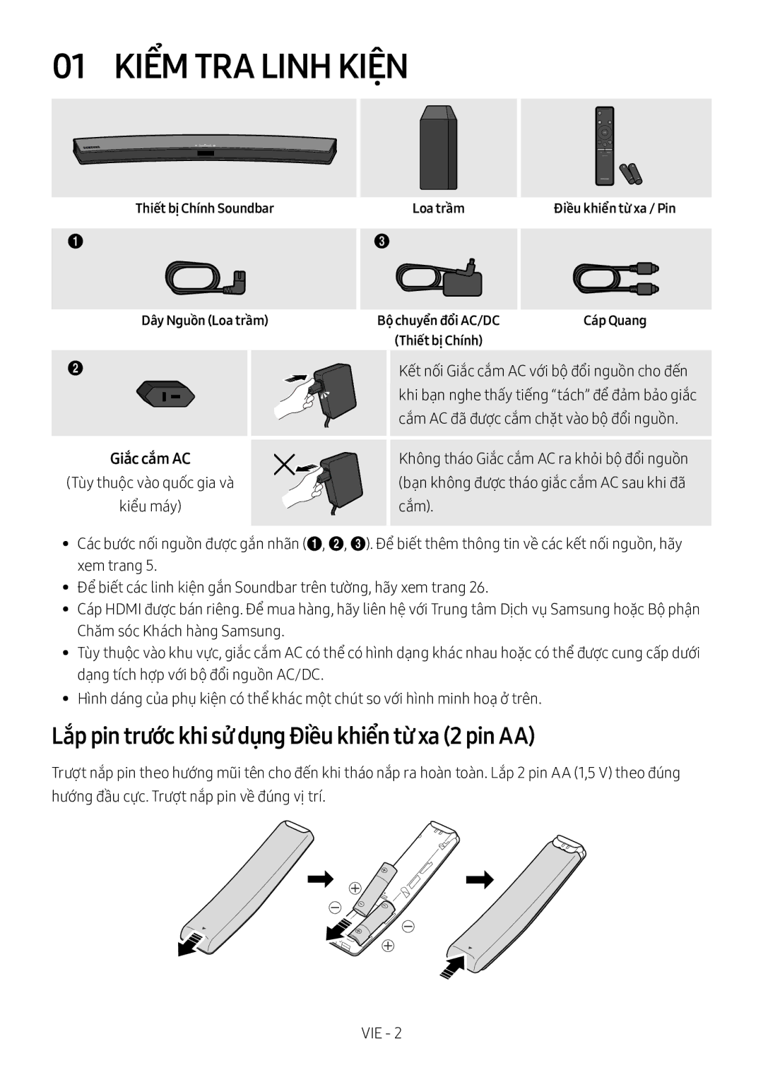 Samsung HW-M4500/XV manual 01 Kiểm TRA Linh Kiện, Lắp pin trước khi sử dụng Điều khiển từ xa 2 pin AA, Kiể̉u má́y Cắ́m 