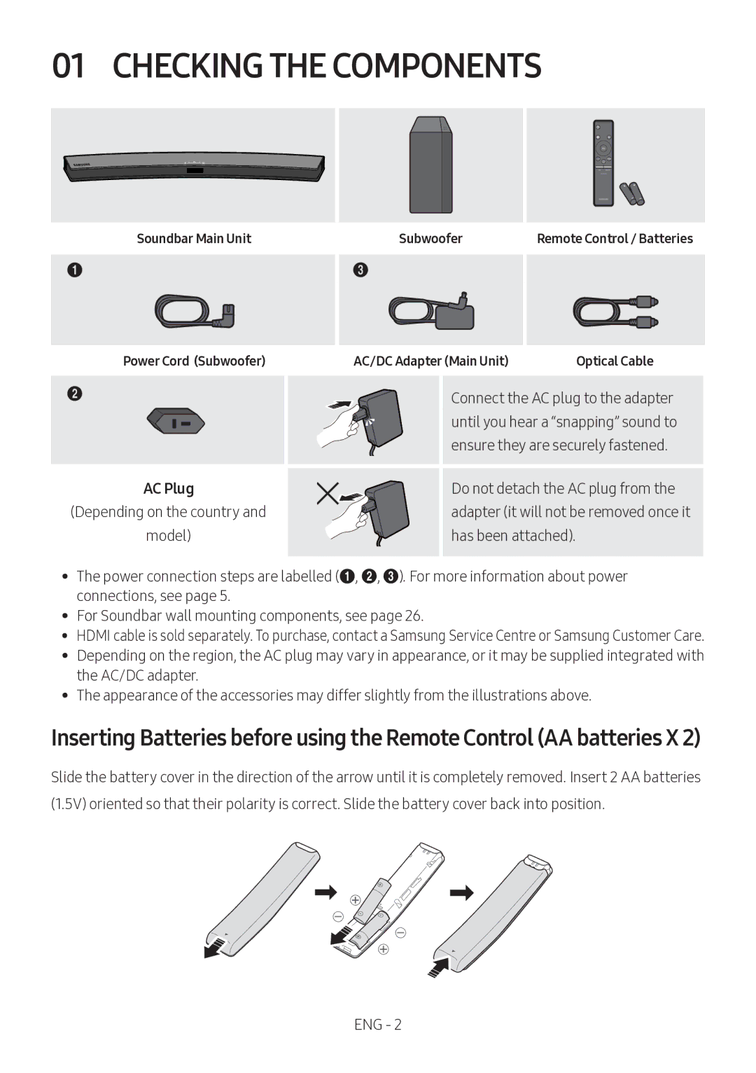 Samsung HW-M4500/XV manual Checking the Components, Soundbar Main Unit Power Cord Subwoofer, AC/DC Adapter Main Unit 