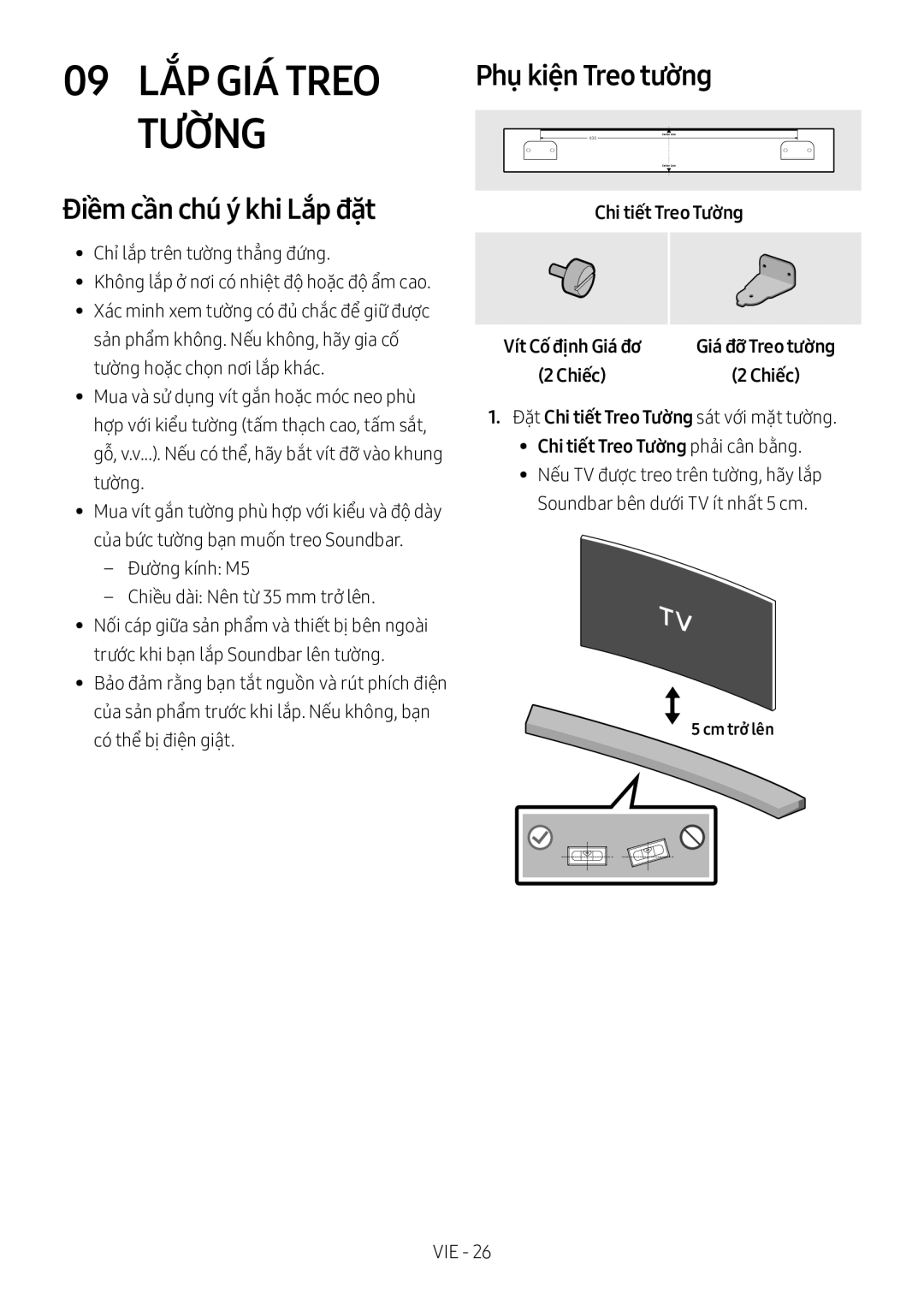 Samsung HW-M4500/XV manual Phụ kiện Treo tường, Điềm cần chú ý́ khi Lắp đặt, Chi tiết Treo Tường, Cm trở̉ lên 