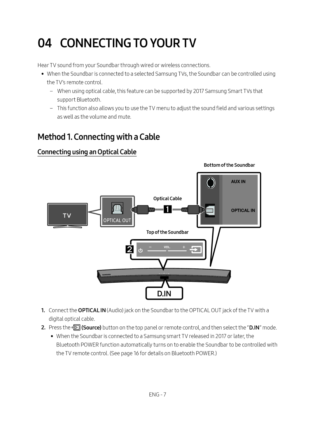 Samsung HW-M4500/XV manual Connecting to your TV, Method 1. Connecting with a Cable, Connecting using an Optical Cable 