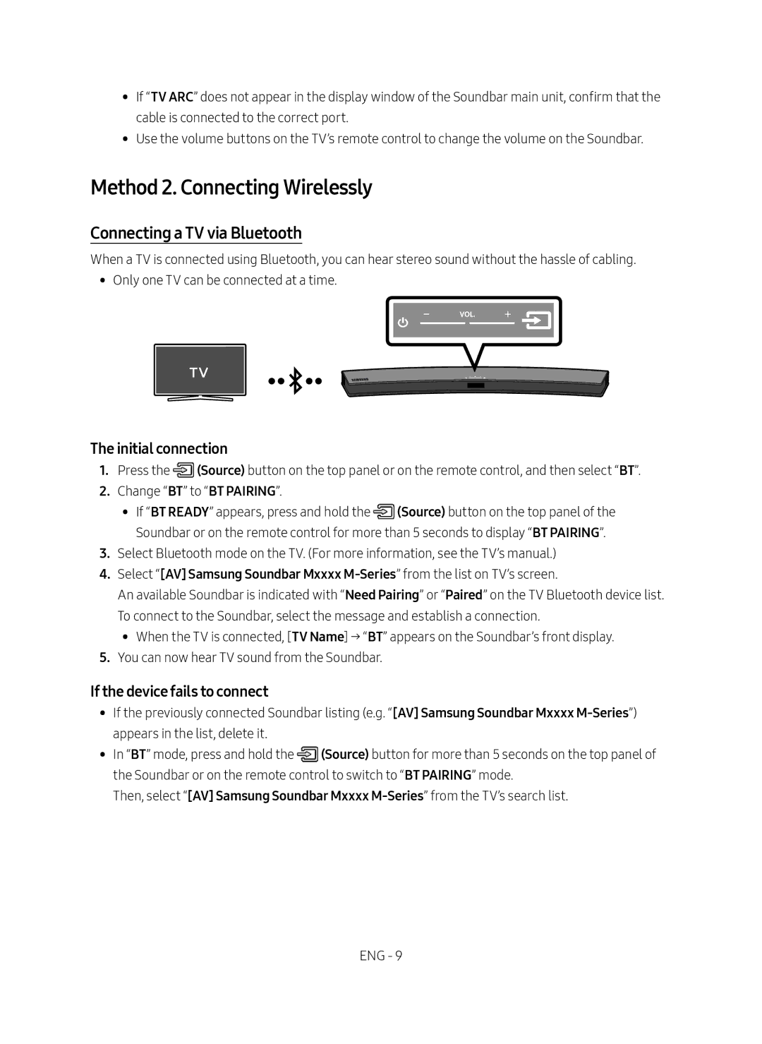 Samsung HW-M4500/XV manual Method 2. Connecting Wirelessly, Connecting a TV via Bluetooth, Initial connection 