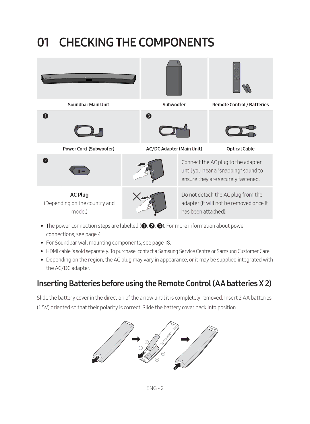 Samsung HW-M4500/XV manual Checking the Components, Soundbar Main Unit Power Cord Subwoofer, AC/DC Adapter Main Unit 