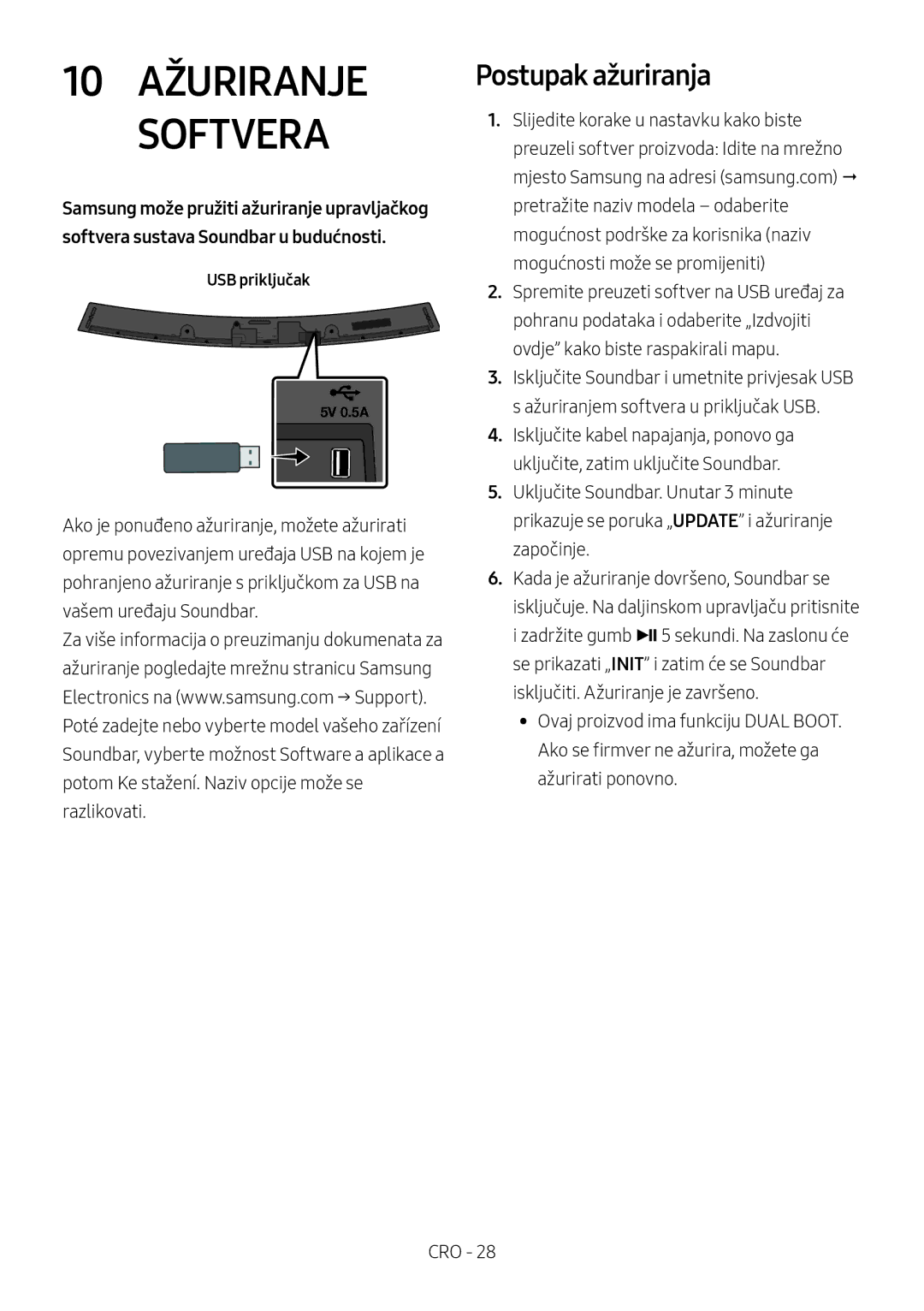 Samsung HW-M4510/XE, HW-M4500/ZG, HW-M4500/EN, HW-M4500/ZF, HW-M4501/ZF manual 10 Ažuriranje Softvera, Postupak ažuriranja 