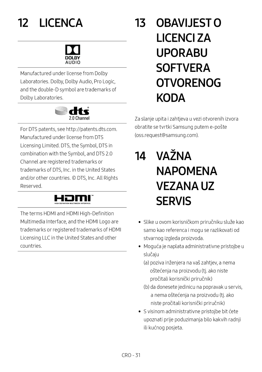 Samsung HW-M4500/ZF, HW-M4500/ZG, HW-M4500/EN, HW-M4501/ZF, HW-M4501/EN Licenca, Obavijest O Licenci ZA Uporabu, 14 Važna 