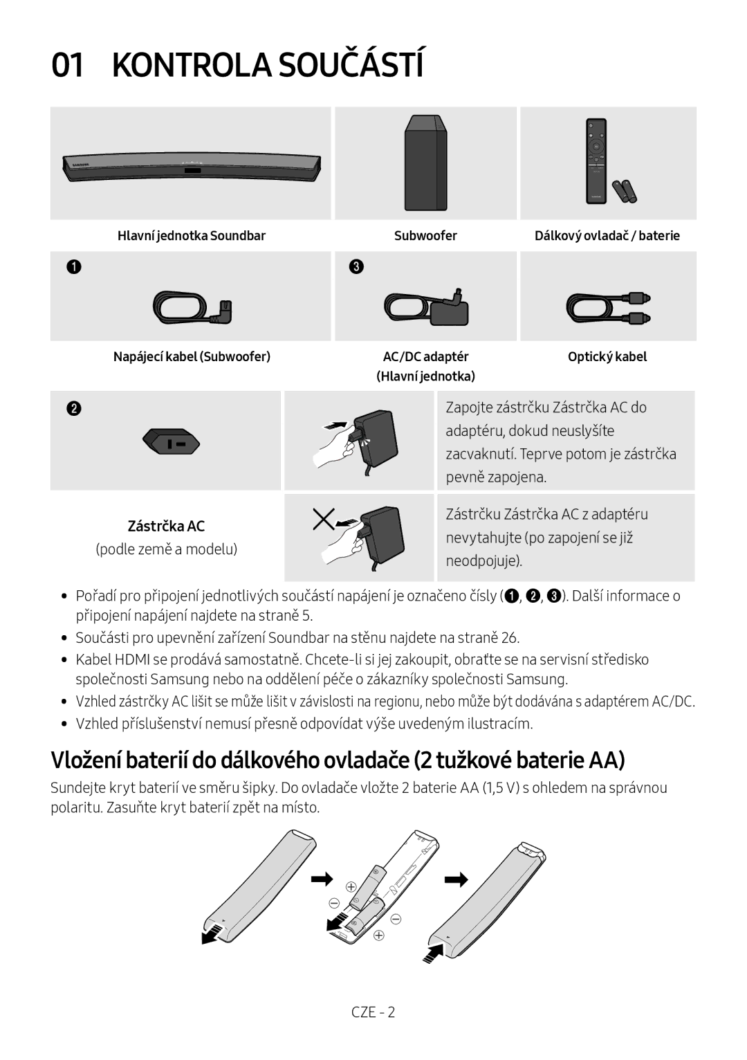 Samsung HW-M4500/ZF, HW-M4500/ZG, HW-M4500/EN Kontrola Součástí, Vložení baterií do dálkového ovladače 2 tužkové baterie AA 