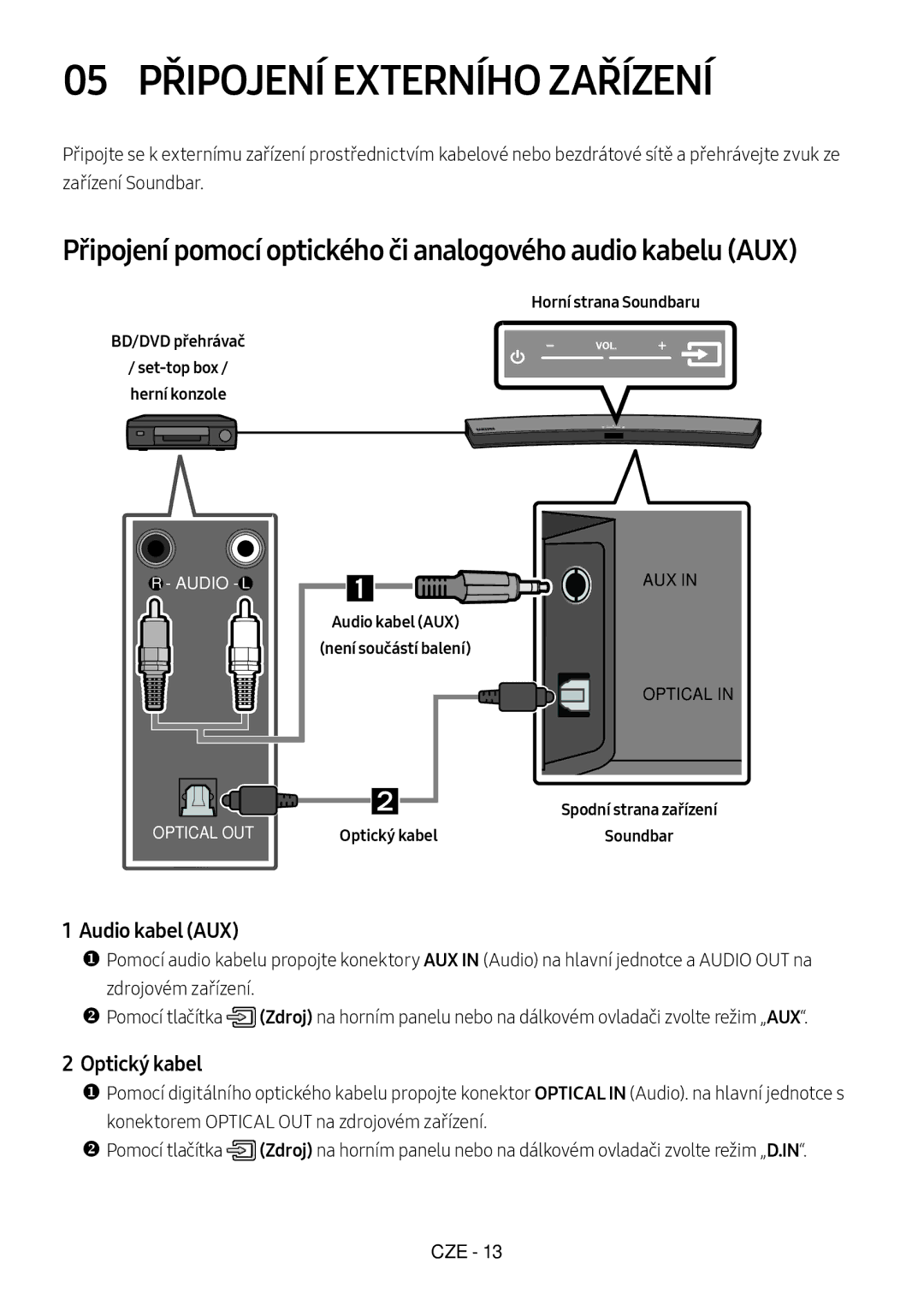 Samsung HW-M4510/XE manual 05 Připojení Externího Zařízení, Připojení pomocí optického či analogového audio kabelu AUX 