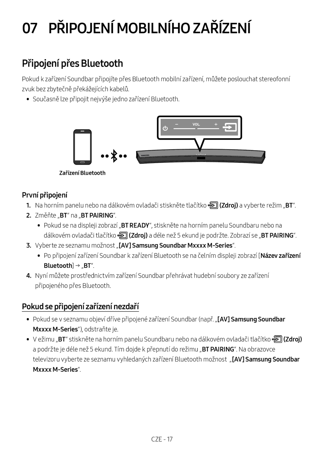 Samsung HW-M4501/ZF manual 07 Připojení Mobilního Zařízení, Připojení přes Bluetooth, Pokud se připojení zařízení nezdaří 