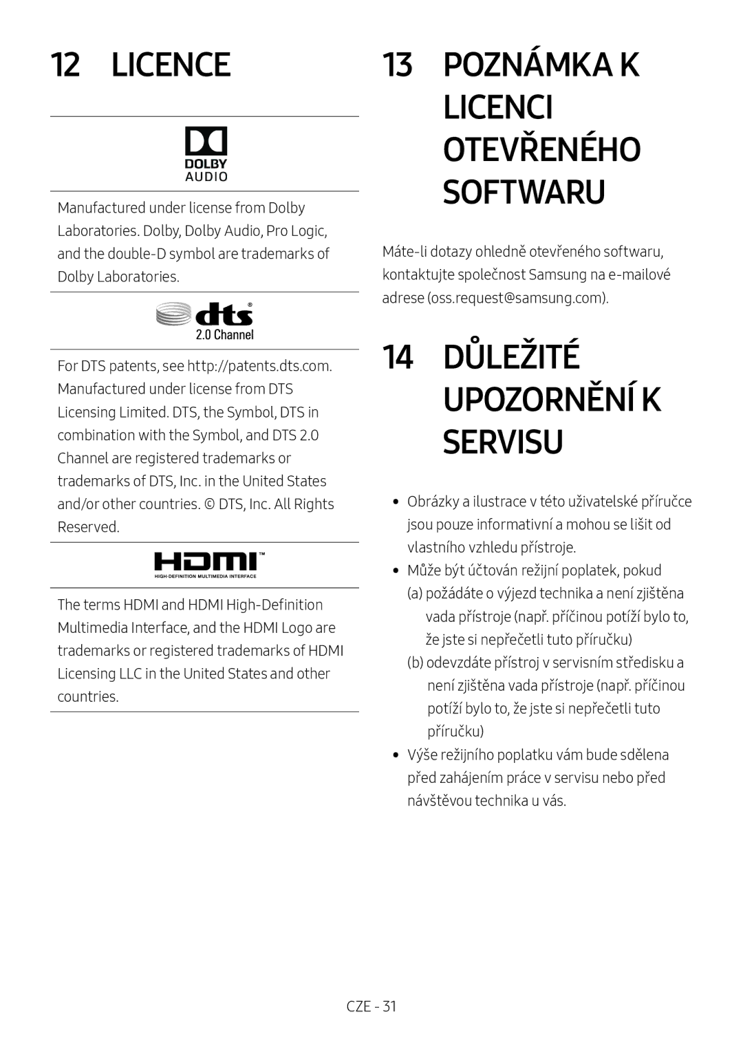 Samsung HW-M4501/ZF, HW-M4500/ZG, HW-M4500/EN manual 14 Důležité Upozornění K Servisu, Poznámka K Licenci Otevřeného Softwaru 