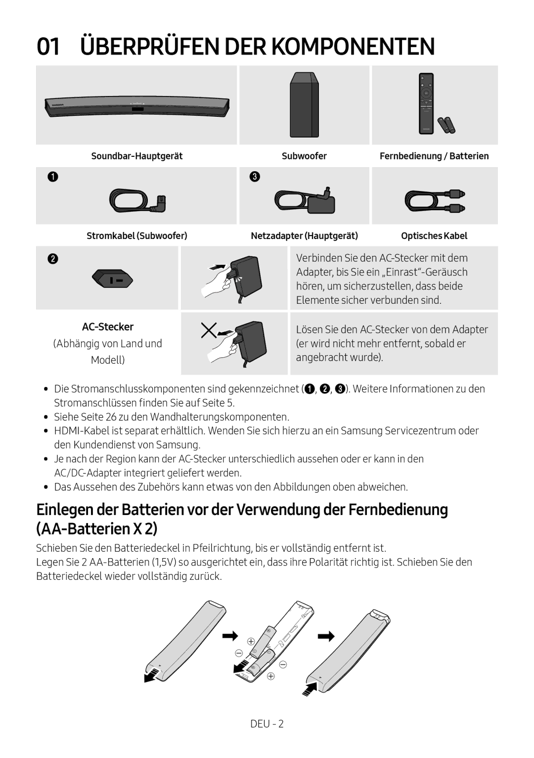 Samsung HW-M4501/ZF, HW-M4500/ZG, HW-M4500/EN, HW-M4500/ZF manual 01 Überprüfen DER Komponenten, Soundbar-Hauptgerät Subwoofer 