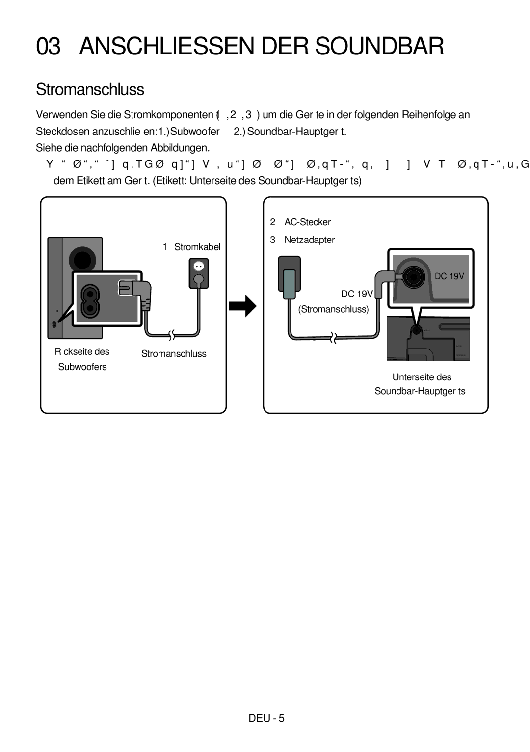 Samsung HW-M4510/XE, HW-M4500/ZG manual Anschliessen DER Soundbar, Stromanschluss, AC-Stecker, 1Stromkabel Netzadapter 