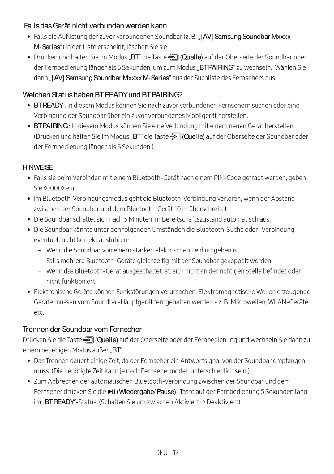 Samsung HW-M4510/XE manual Falls das Gerät nicht verbunden werden kann, Welchen Status haben BT Ready und BT PAIRING? 