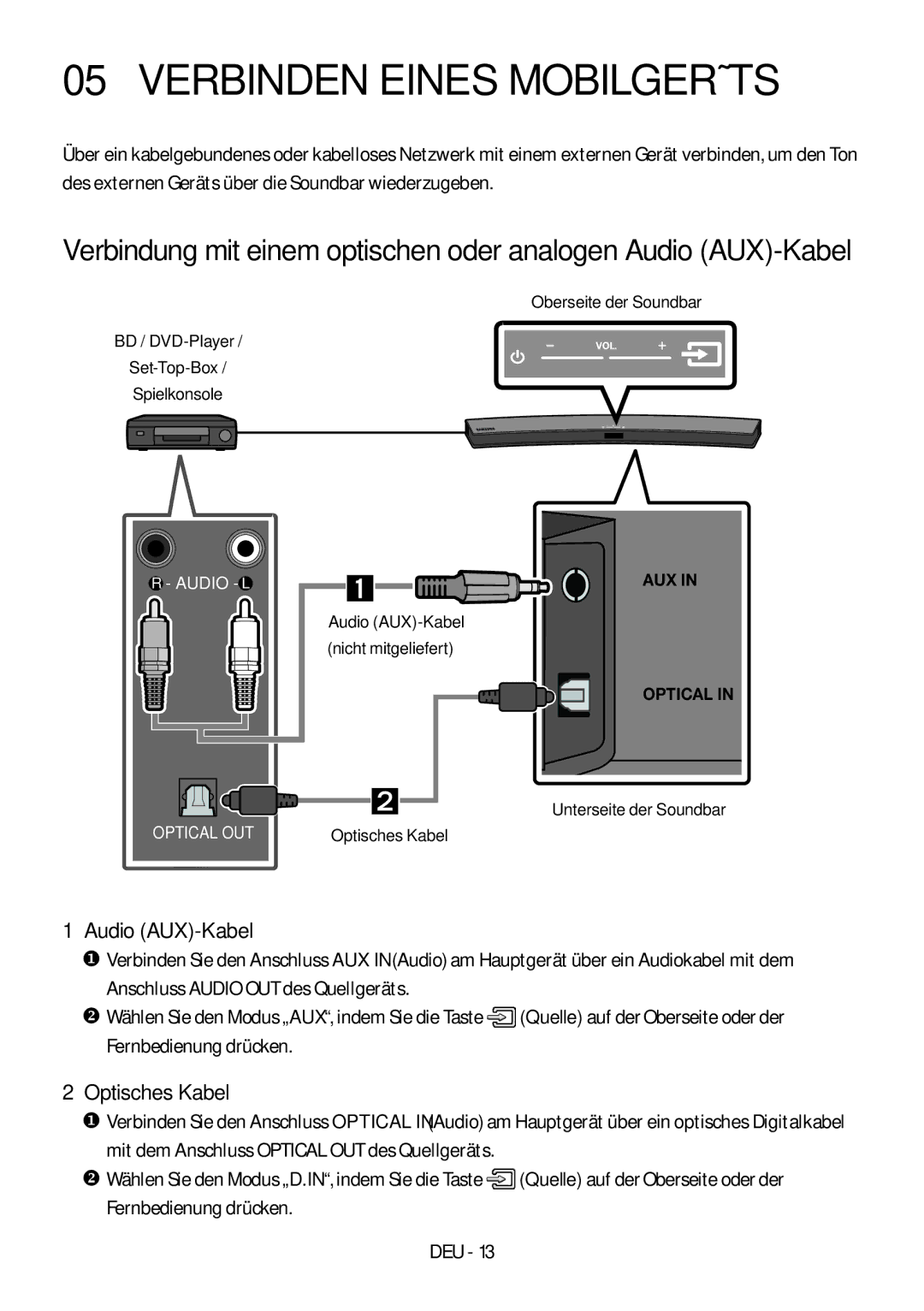 Samsung HW-M4500/ZG, HW-M4500/EN manual Verbinden Eines Mobilgeräts, Optisches Kabel, Audio AUX-Kabel Nicht mitgeliefert 