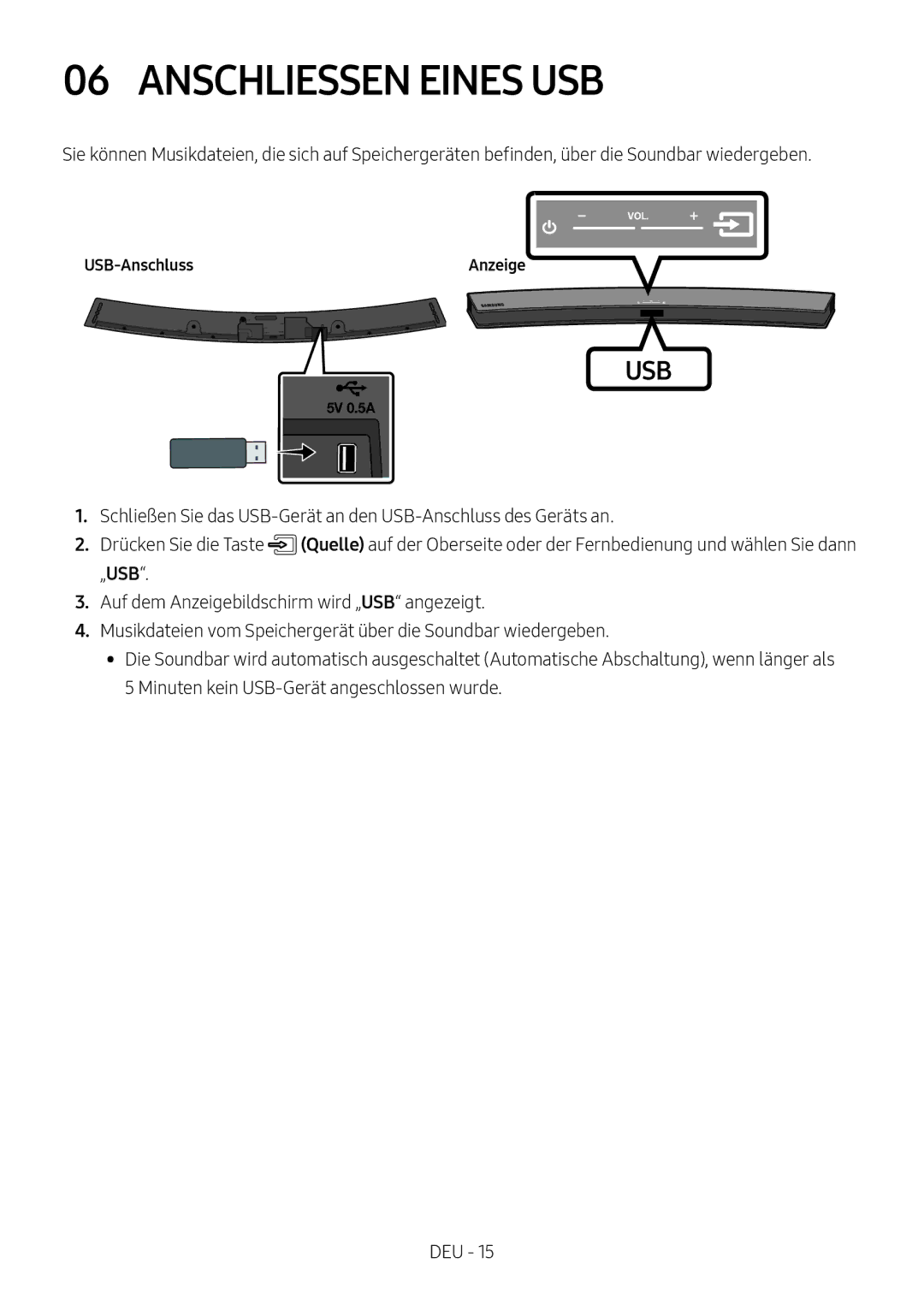 Samsung HW-M4500/ZF, HW-M4500/ZG, HW-M4500/EN, HW-M4501/ZF, HW-M4501/EN, HW-M4511/XE Anschliessen Eines USB, USB-Anschluss 