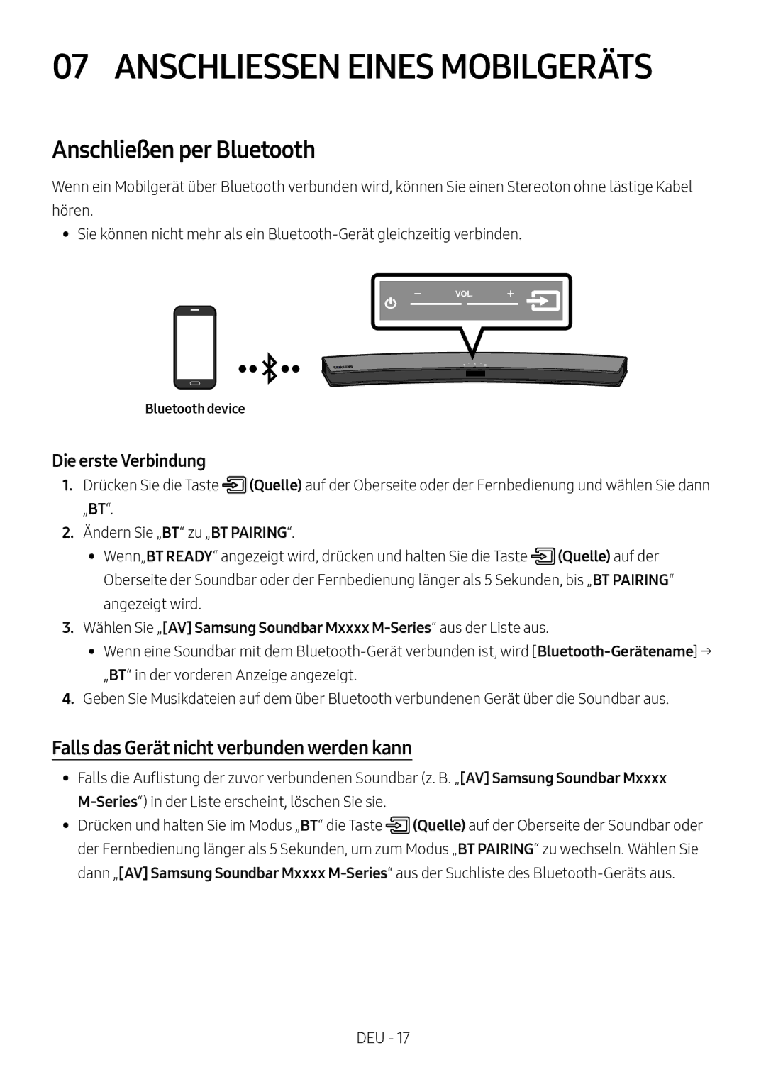 Samsung HW-M4501/EN Anschliessen Eines Mobilgeräts, Anschließen per Bluetooth, Falls das Gerät nicht verbunden werden kann 