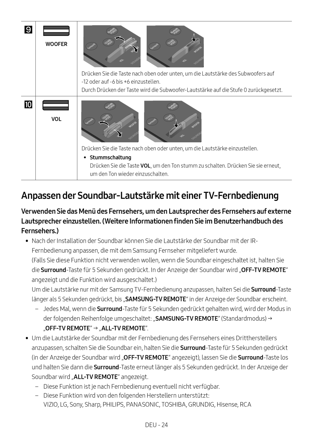 Samsung HW-M4501/EN manual Anpassen der Soundbar-Lautstärke mit einer TV-Fernbedienung, „OFF-TV Remote → „ALL-TV Remote 