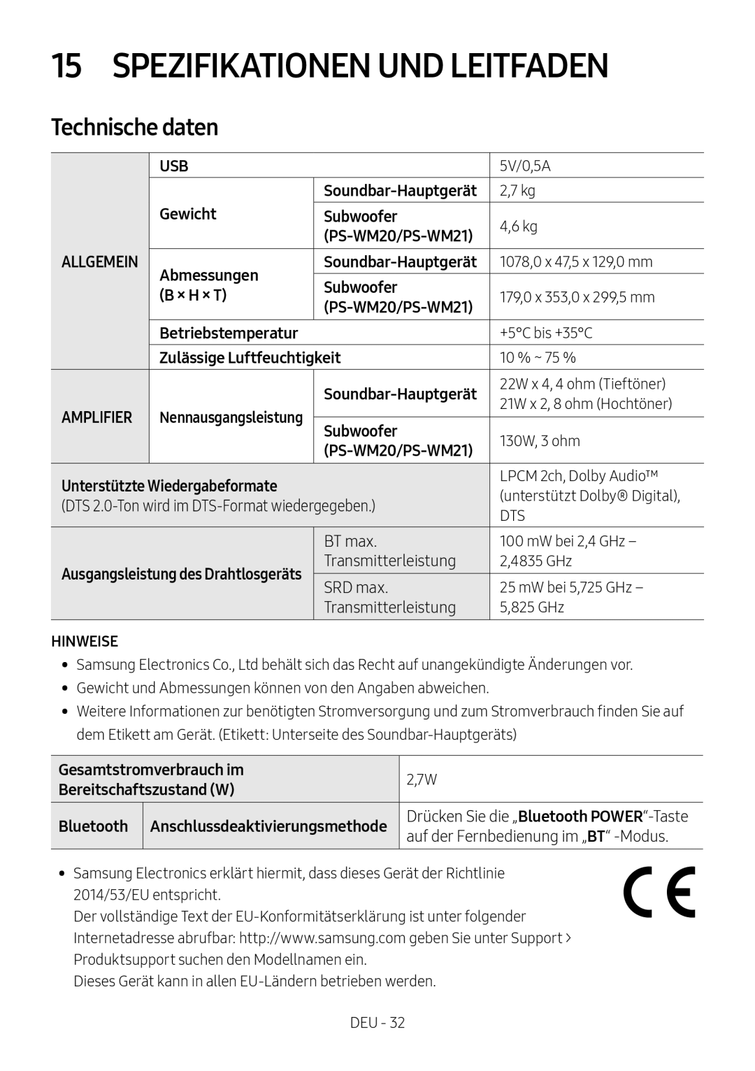 Samsung HW-M4511/XE, HW-M4500/ZG, HW-M4500/EN, HW-M4500/ZF, HW-M4501/ZF manual Spezifikationen UND Leitfaden, Technische daten 