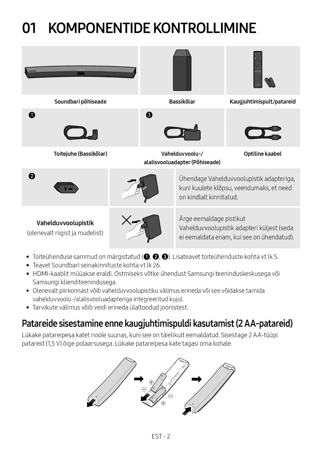 Samsung HW-M4501/EN, HW-M4500/ZG, HW-M4500/EN manual Komponentide Kontrollimine, Vahelduvvoolupistik adapteri küljest seda 