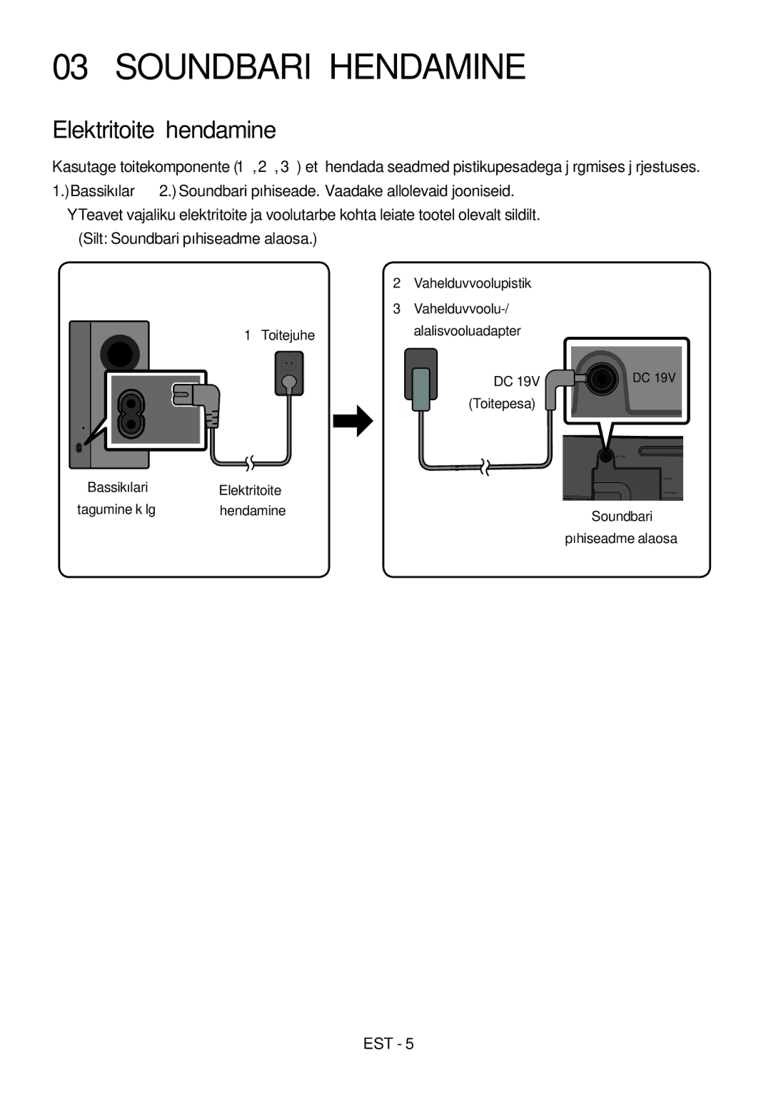 Samsung HW-M4500/ZG manual Soundbari Ühendamine, Elektritoite ühendamine, Vahelduvvoolupistik 1Toitejuhe Alalisvooluadapter 