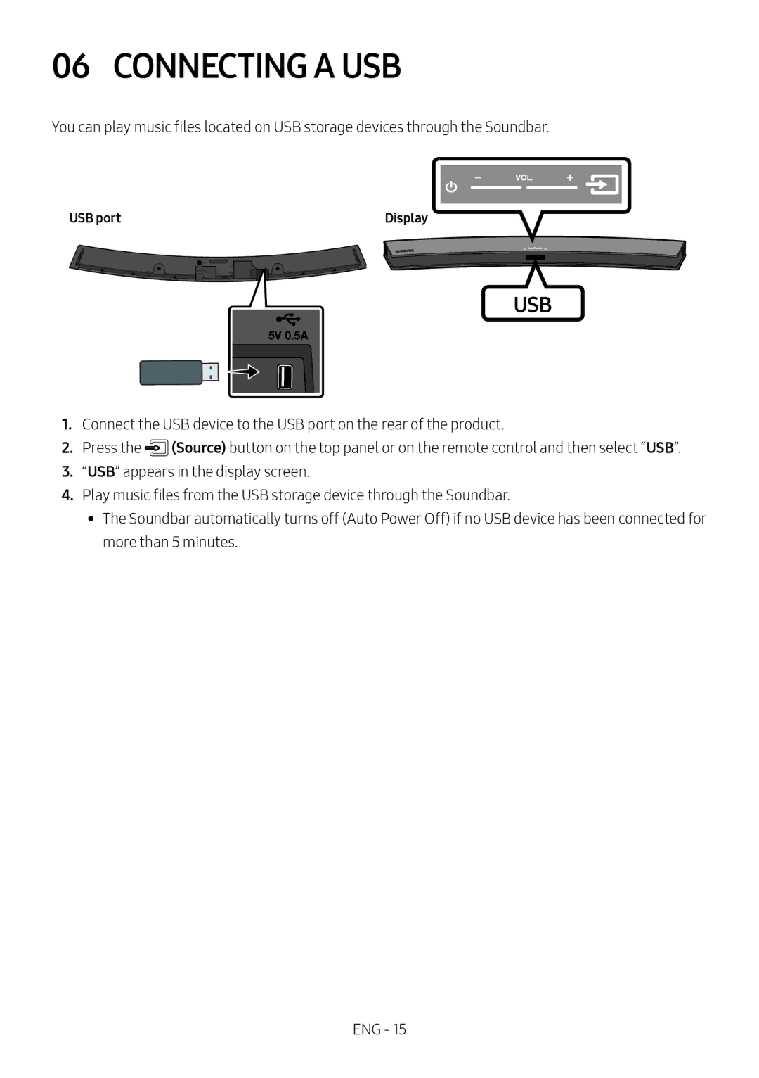 Samsung HW-M4511/XE, HW-M4500/ZG, HW-M4500/EN, HW-M4500/ZF, HW-M4501/ZF, HW-M4501/EN, HW-M4510/XE Connecting a USB, USB port 