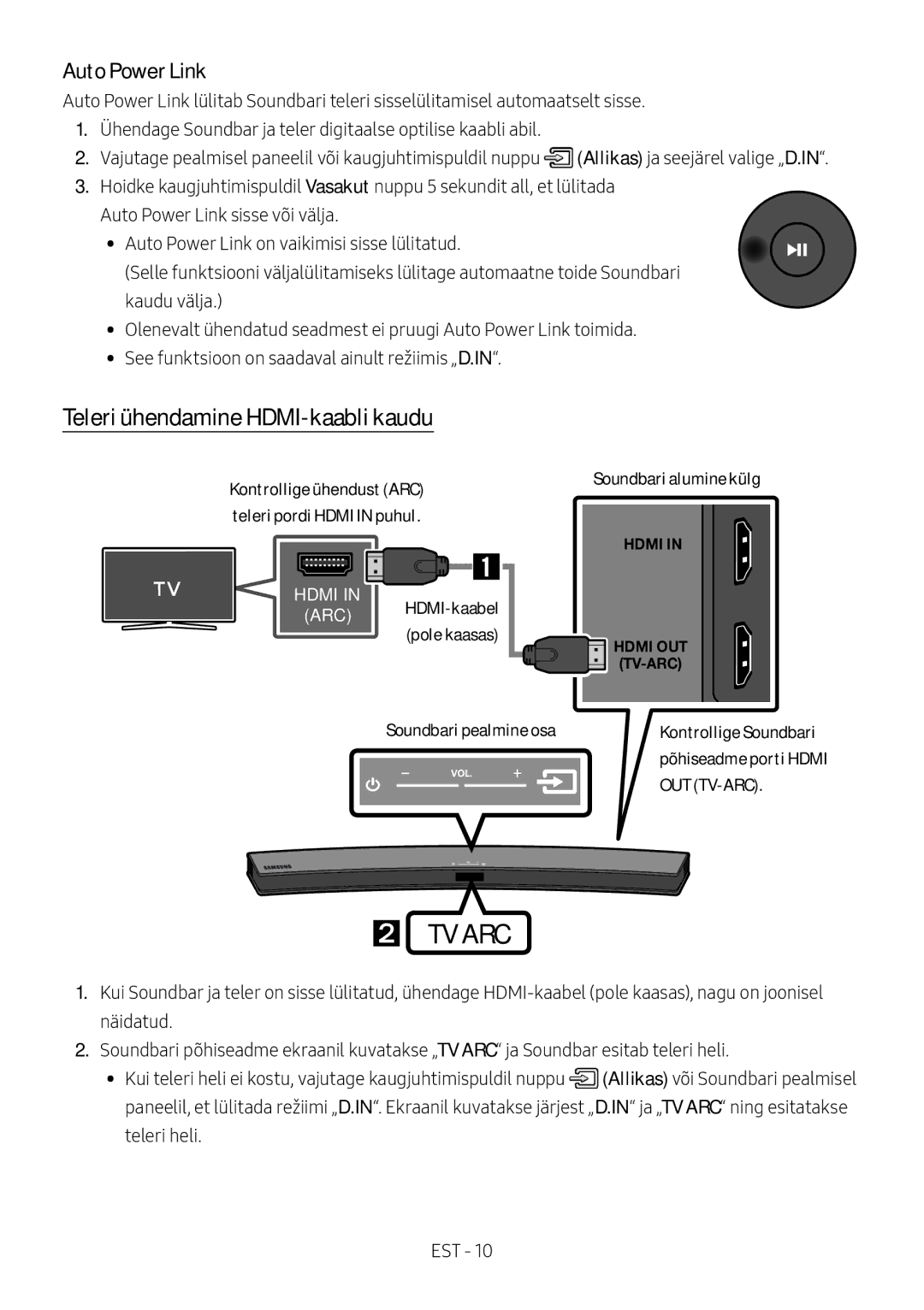 Samsung HW-M4511/XE manual Teleri ühendamine HDMI-kaabli kaudu, Kontrollige Soundbari põhiseadme porti Hdmi OUT TV-ARC 