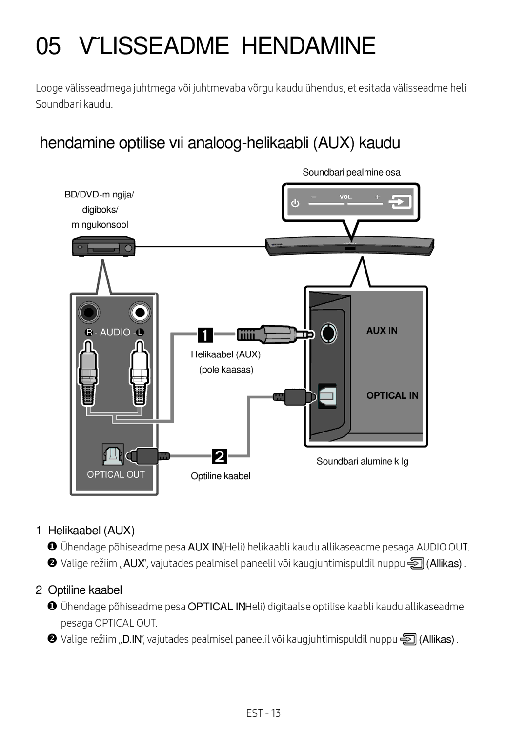 Samsung HW-M4500/EN manual 05 Välisseadme Ühendamine, Ühendamine optilise või analoog-helikaabli AUX kaudu, Helikaabel AUX 