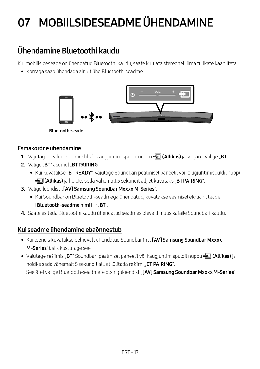 Samsung HW-M4511/XE manual Mobiilsideseadme Ühendamine, Ühendamine Bluetoothi kaudu, Kui seadme ühendamine ebaõnnestub 