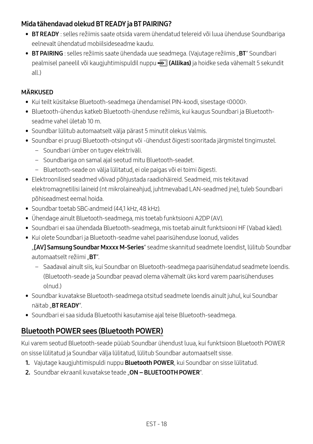 Samsung HW-M4510/XE, HW-M4500/ZG manual Bluetooth Power sees Bluetooth Power, Mida tähendavad olekud BT Ready ja BT PAIRING? 