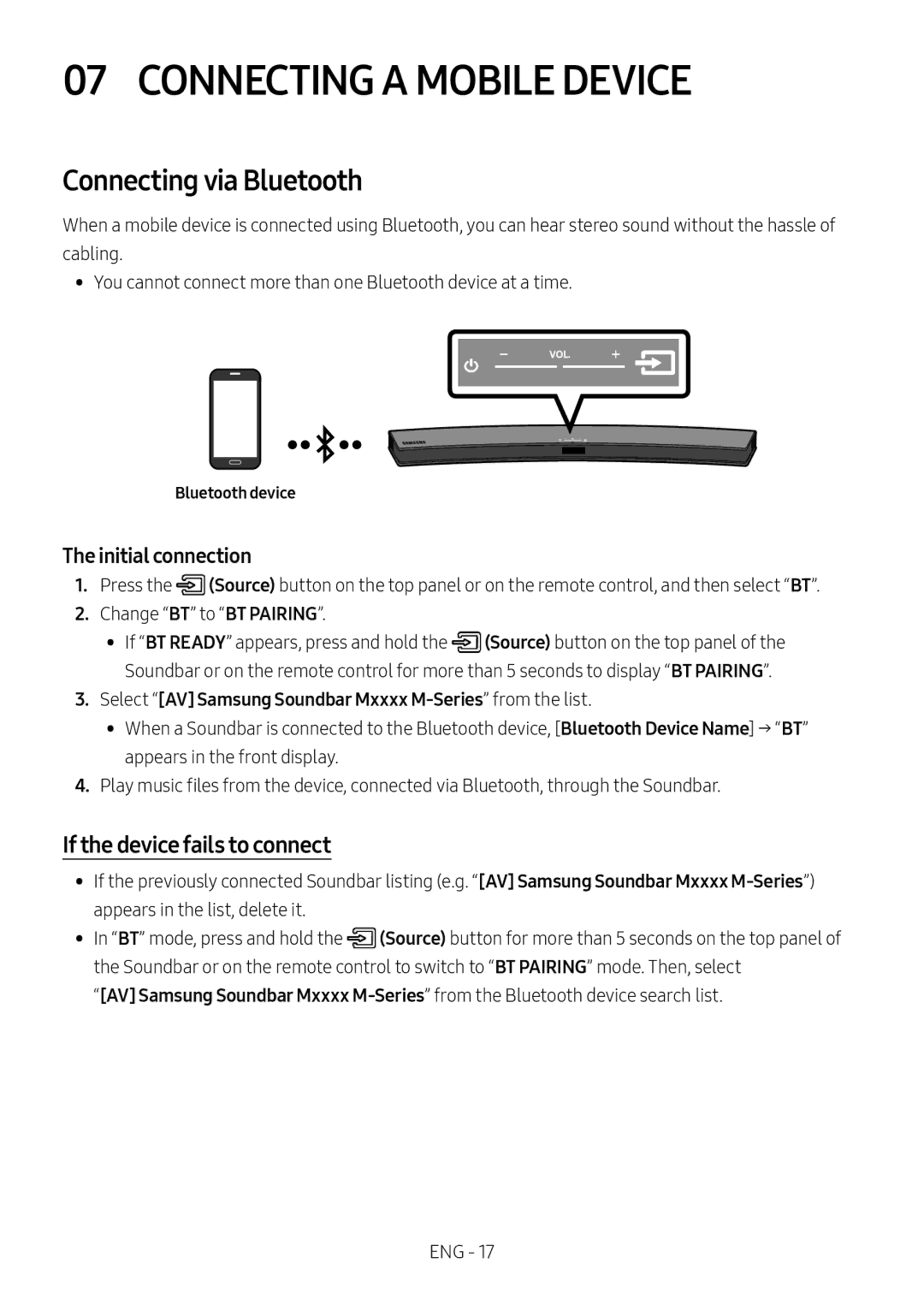 Samsung HW-M4500/ZG Connecting a Mobile Device, Connecting via Bluetooth, If the device fails to connect, Bluetooth device 