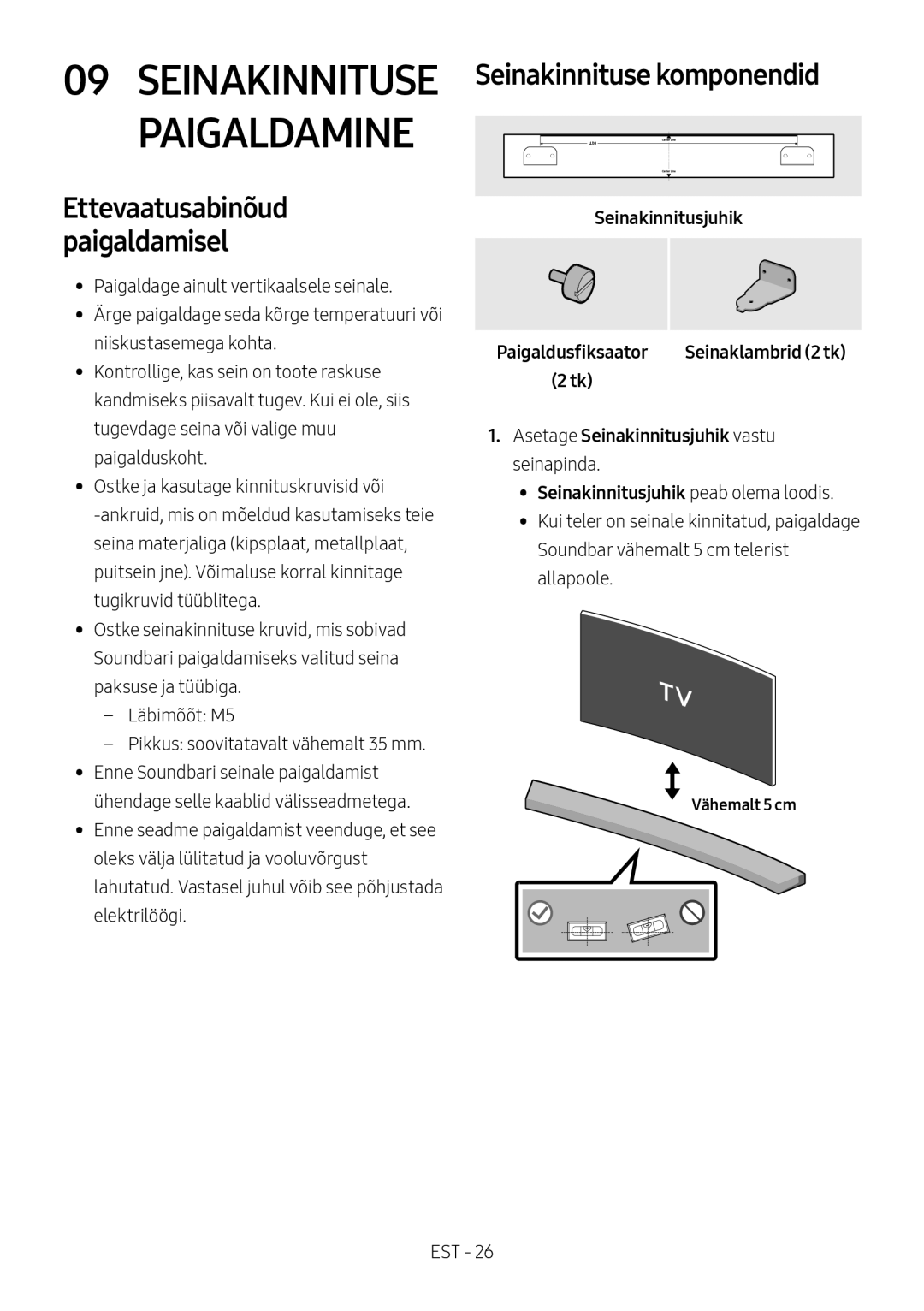 Samsung HW-M4500/ZG manual Seinakinnituse komponendid, Asetage Seinakinnitusjuhik vastu seinapinda, Paigaldusfiksaator 